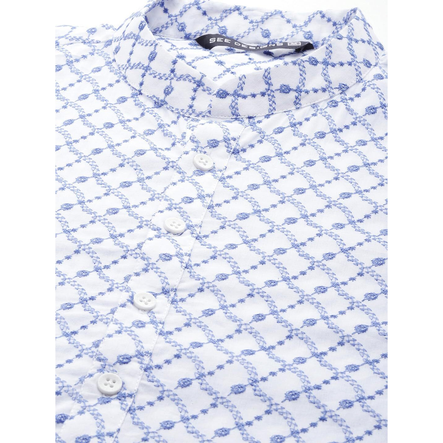 See Designs Men Mandarin Collar White & Blue Pure Cotton Embroidered Staright Full Sleeve Kurta With Pajama - Sd2Mekt_125801Xxl