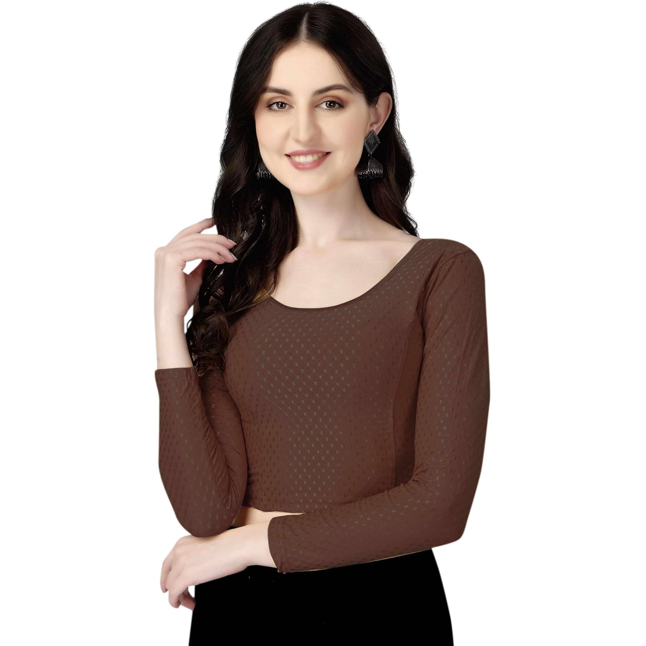 Shiv Textiles Round Neck Dobby Cotton Lycra Stretchable Elbow Sleeve Readymade Saree Blouse For Women Stylish (Brownover Size Full Sleeve)