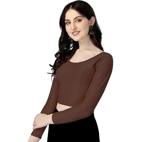 Shiv Textiles Round Neck Dobby Cotton Lycra Stretchable Elbow Sleeve Readymade Saree Blouse For Women Stylish (Brownover Size Full Sleeve)