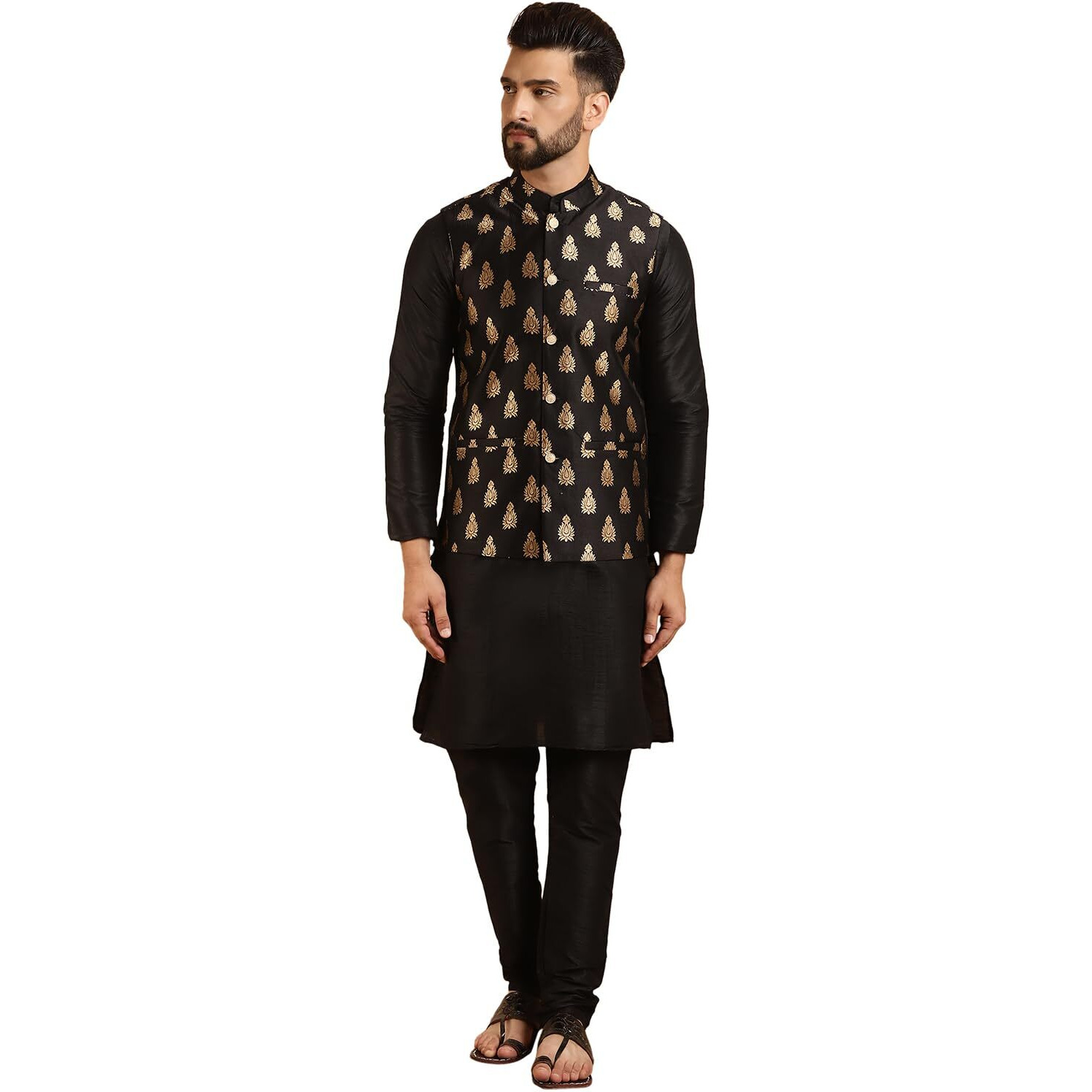 Sojanya (Since 1958 Men's Silk Blend Black Kurta Pyjama & Black Self Design Nehru Jacket Combo