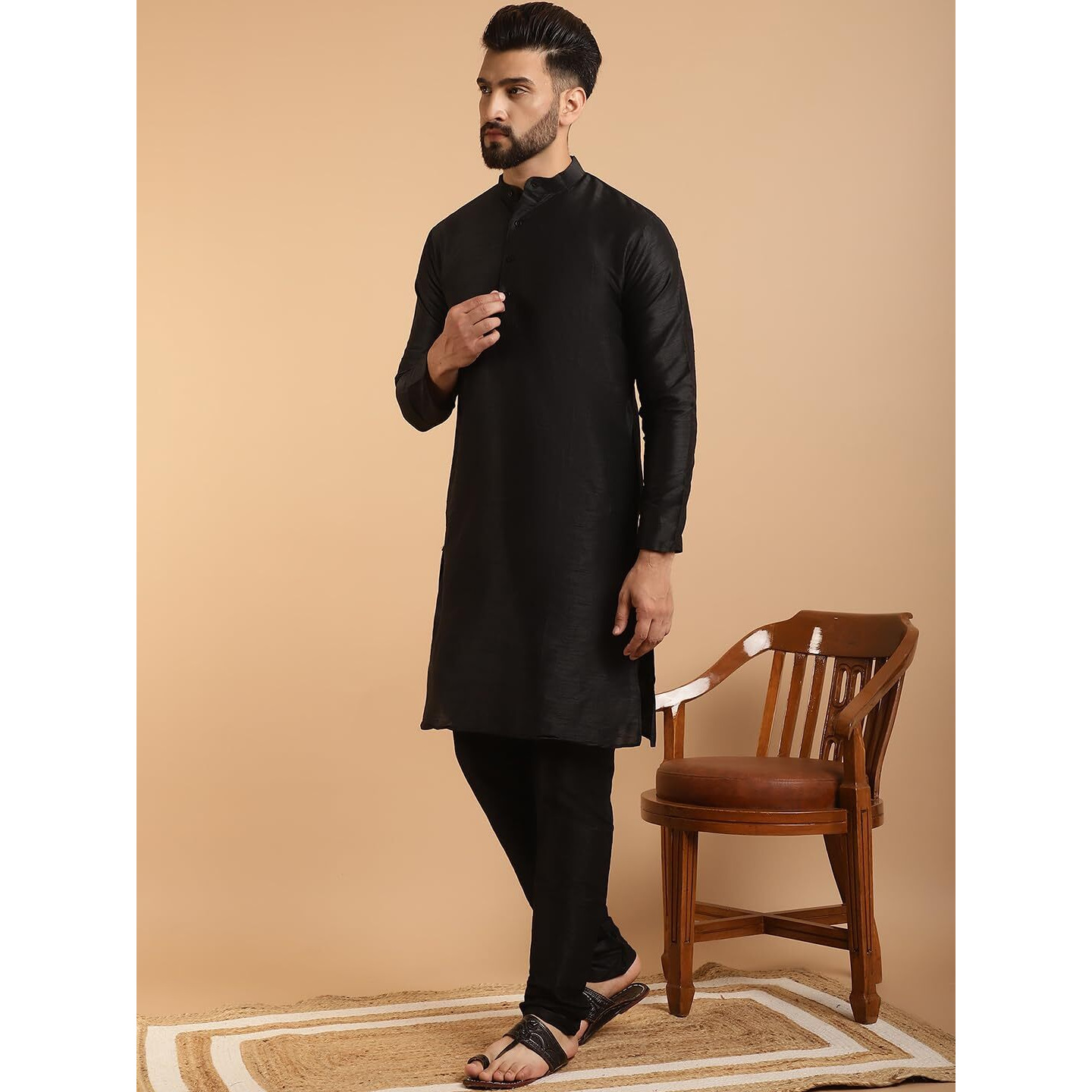 Sojanya (Since 1958 Men's Silk Blend Black Kurta Pyjama & Black Self Design Nehru Jacket Combo