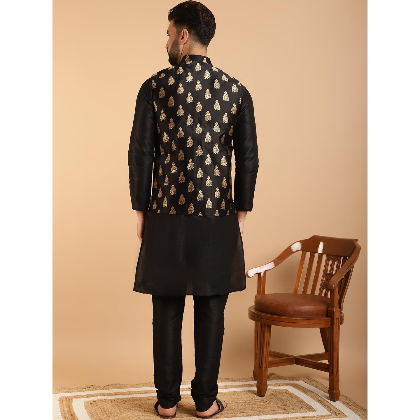 Sojanya (Since 1958 Men's Silk Blend Black Kurta Pyjama & Black Self Design Nehru Jacket Combo