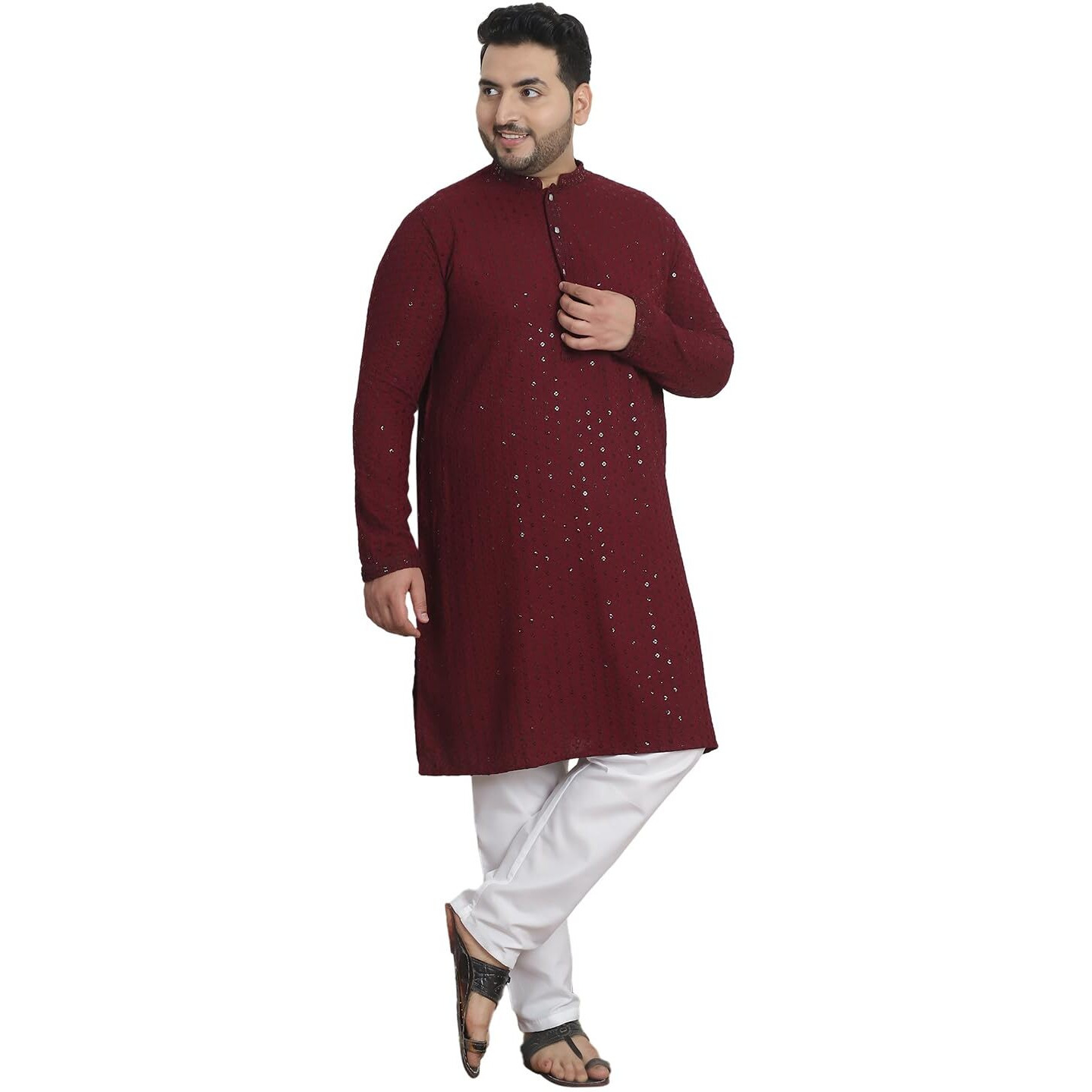Sojanya Plus (Since 1958) Men's Cotton Sequins Embroidered Wine Kurta With White Churidar Pyjama