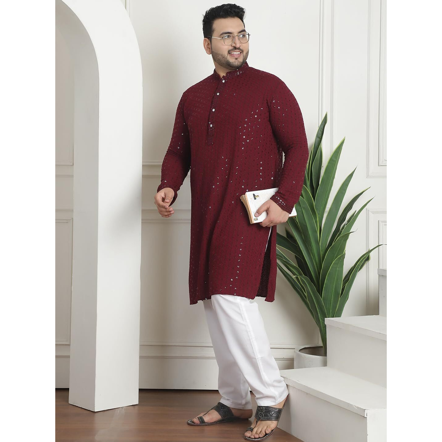 Sojanya Plus (Since 1958) Men's Cotton Sequins Embroidered Wine Kurta With White Churidar Pyjama