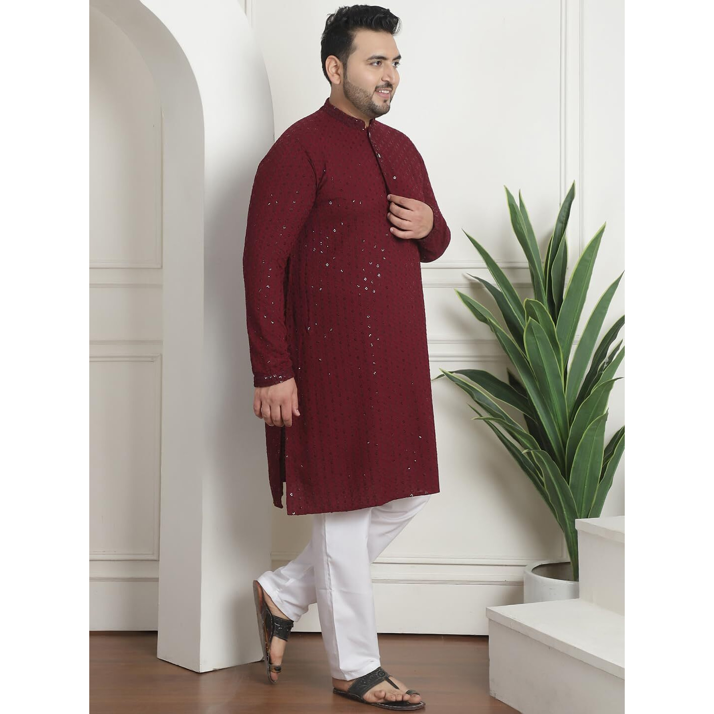 Sojanya Plus (Since 1958) Men's Cotton Sequins Embroidered Wine Kurta With White Churidar Pyjama