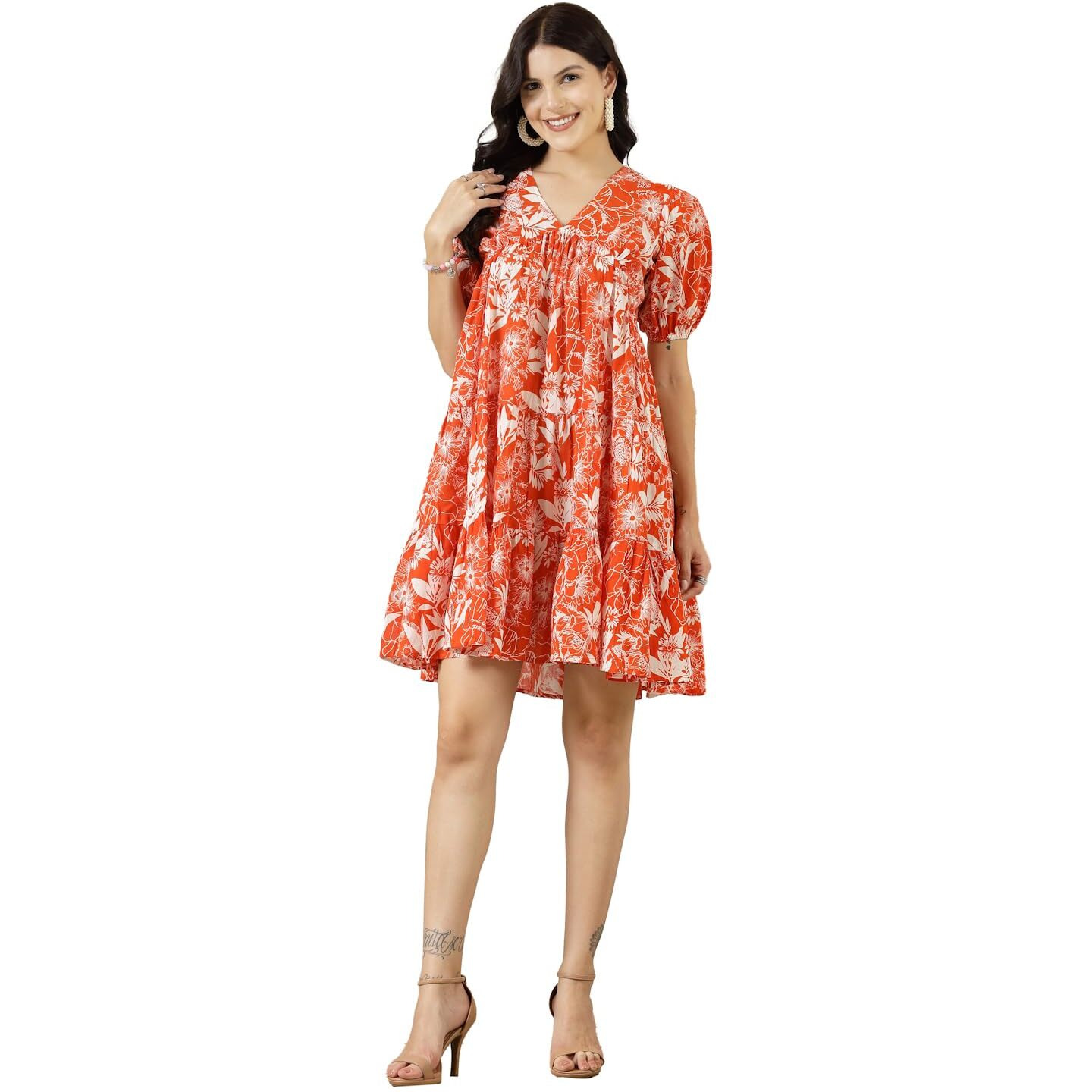 Stylum Women's Orange Tropical Printed Cotton Flared Dress (Drsorangefanta34_Orange, Xs)