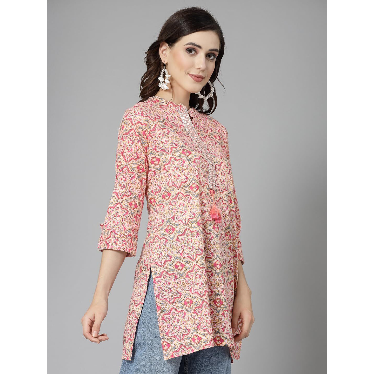 Stylum Women's Printed & Embroidered Cotton Kurti (Roman44_Pink, Xxl)