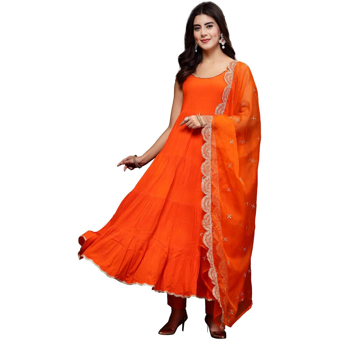 Stylum Women's Solid Rayon Tiered Kurta Pant Dupatta Set (Kpdorangebar36_Orange, S)