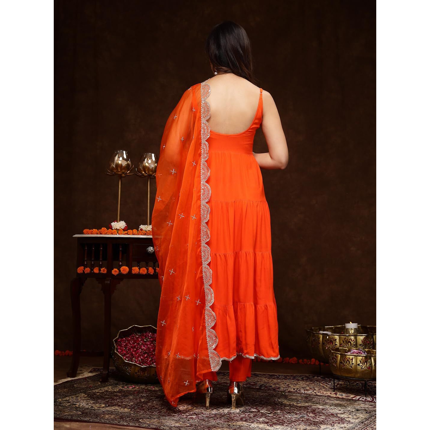 Stylum Women's Solid Rayon Tiered Kurta Pant Dupatta Set (Kpdorangebar36_Orange, S)