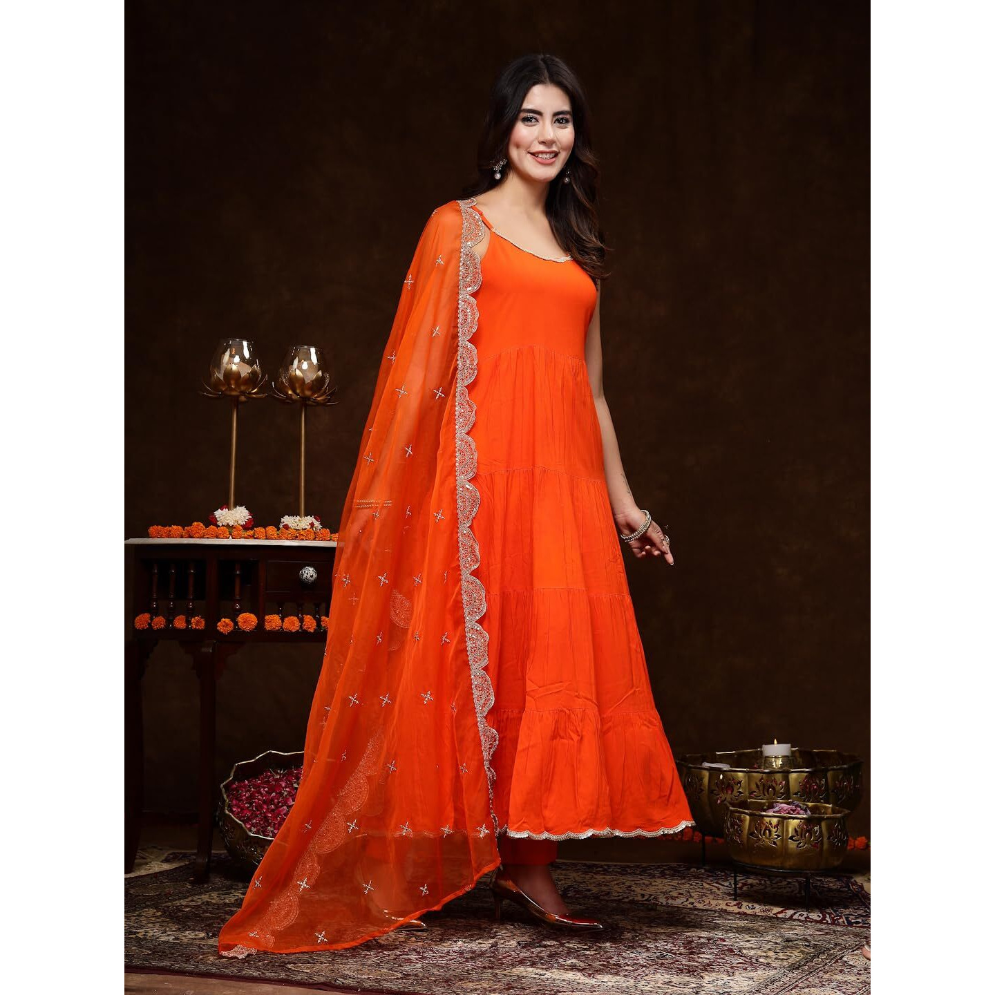 Stylum Women's Solid Rayon Tiered Kurta Pant Dupatta Set (Kpdorangebar36_Orange, S)