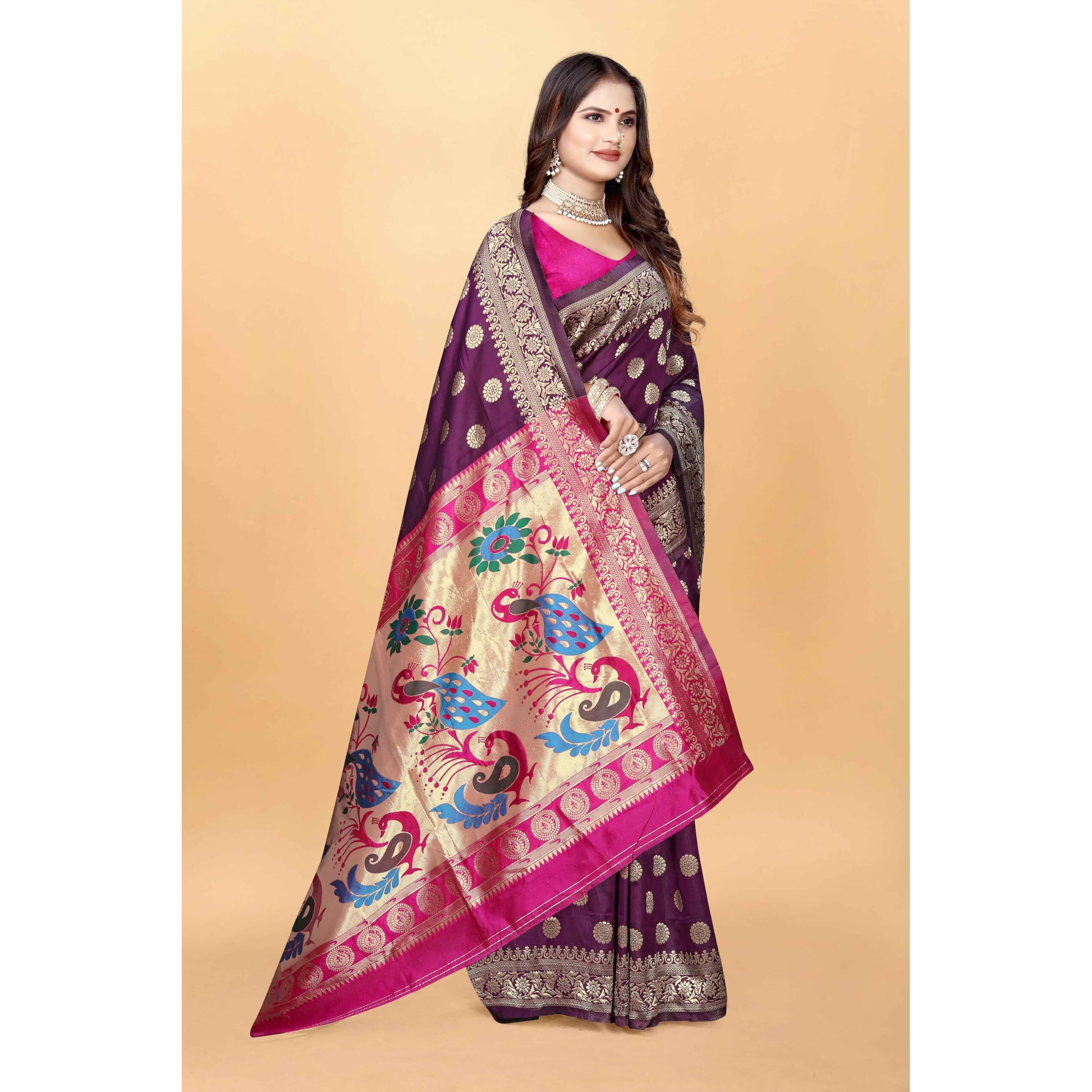 Sugathari Women's Banarasi Saree Pure Paithani Kanjivaram Silk Soft New Ladies 2024 Design Wear Pattu Sarees Latest Cotton Party Sari Collections With Blouse Piece For Wedding Sadi (Pari-207 Wine)