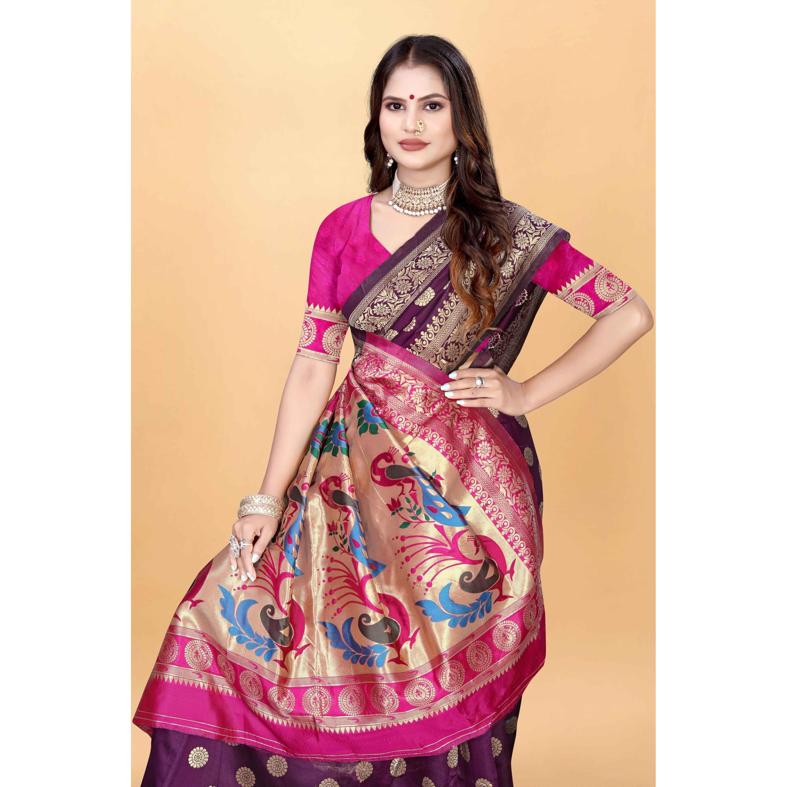 Sugathari Women's Banarasi Saree Pure Paithani Kanjivaram Silk Soft New Ladies 2024 Design Wear Pattu Sarees Latest Cotton Party Sari Collections With Blouse Piece For Wedding Sadi (Pari-207 Wine)