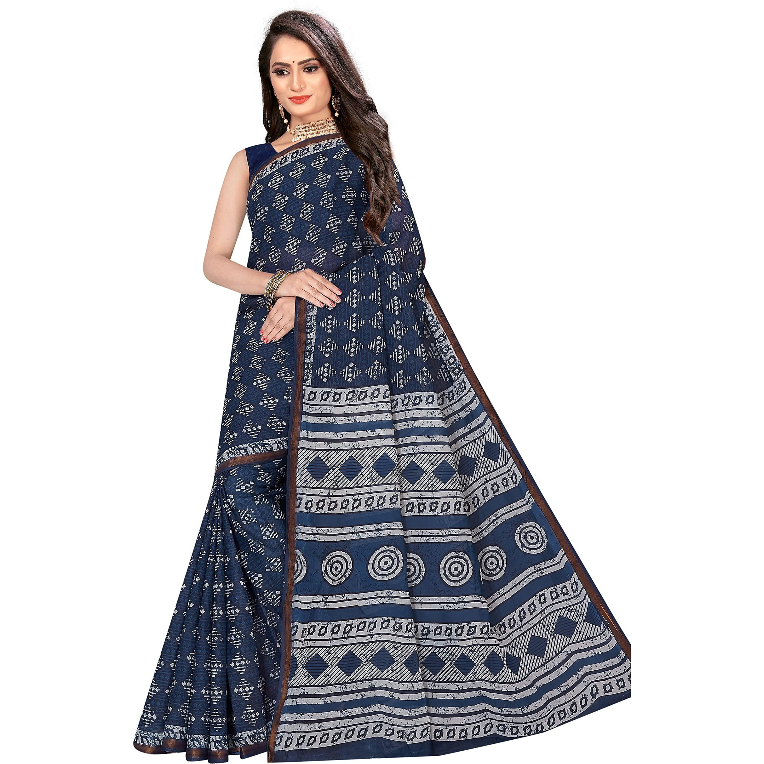 Tamaira Fashion Women's Plain Weave Pure Cotton Saree With Blouse Piece (2428_Indigo)