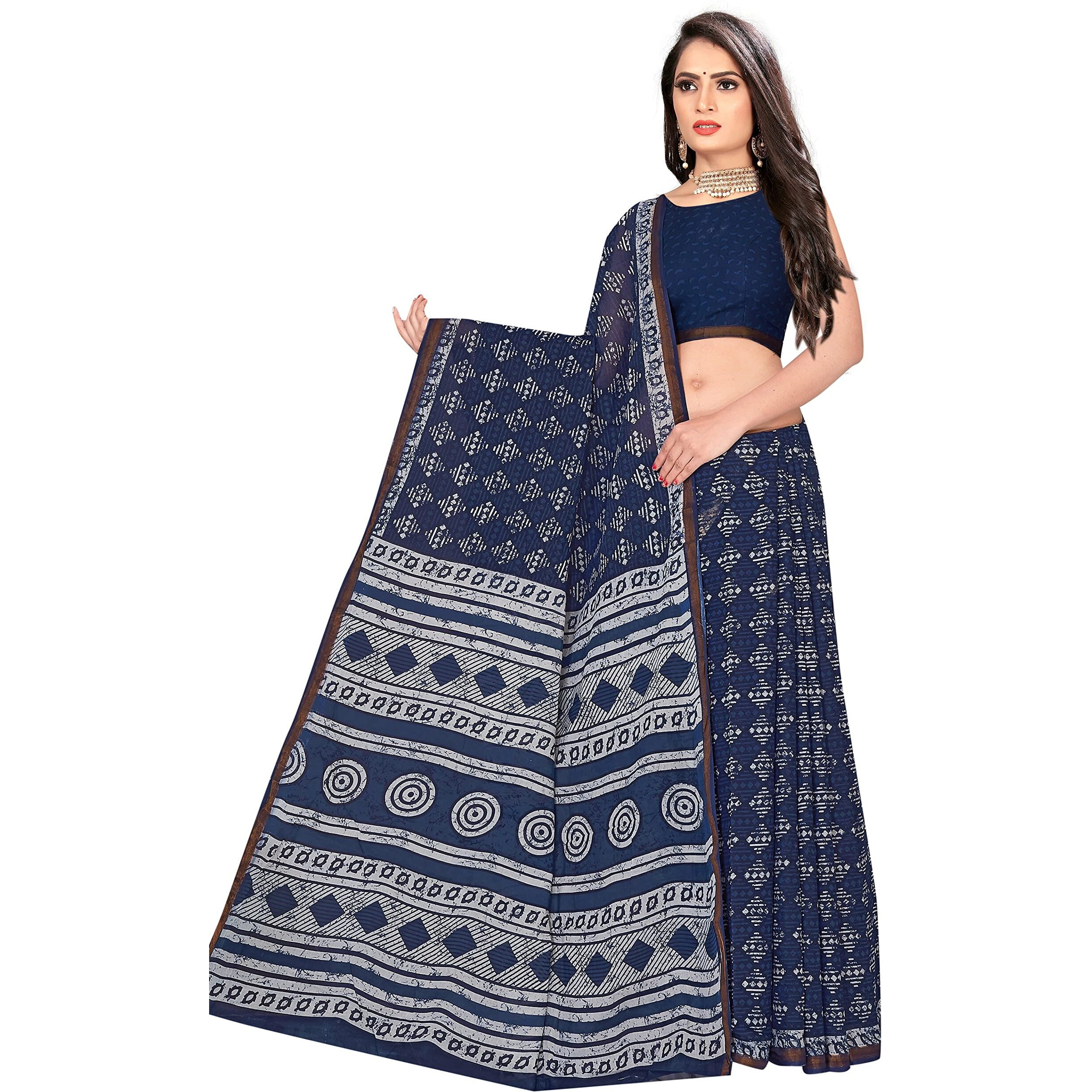 Tamaira Fashion Women's Plain Weave Pure Cotton Saree With Blouse Piece (2428_Indigo)
