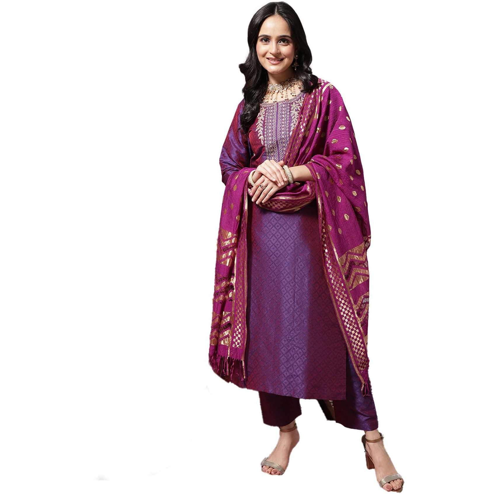 Varanga Women Violet Zari Embroidered Kurta With Three-Quarter Sleeves, Round Neck, Paired With Tonal Bottom And Dupatta