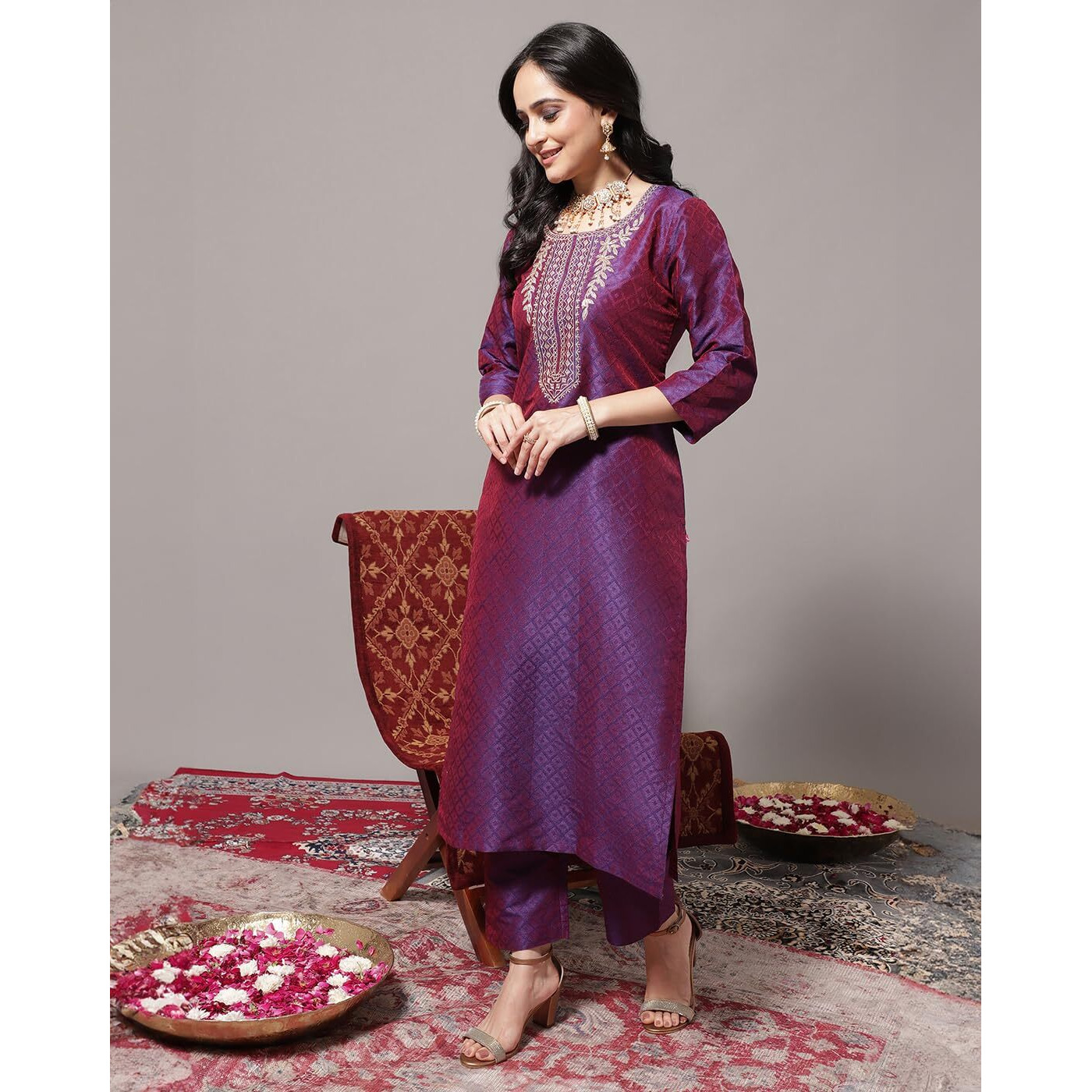 Varanga Women Violet Zari Embroidered Kurta With Three-Quarter Sleeves, Round Neck, Paired With Tonal Bottom And Dupatta