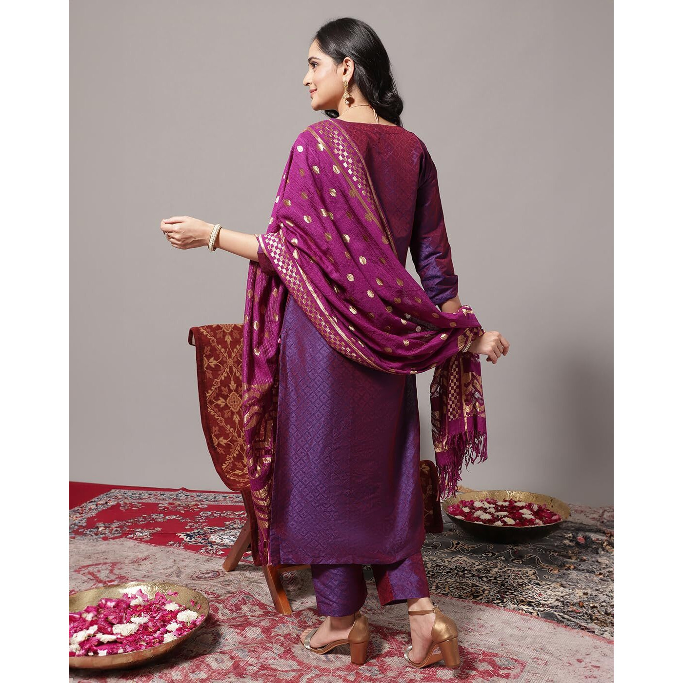 Varanga Women Violet Zari Embroidered Kurta With Three-Quarter Sleeves, Round Neck, Paired With Tonal Bottom And Dupatta
