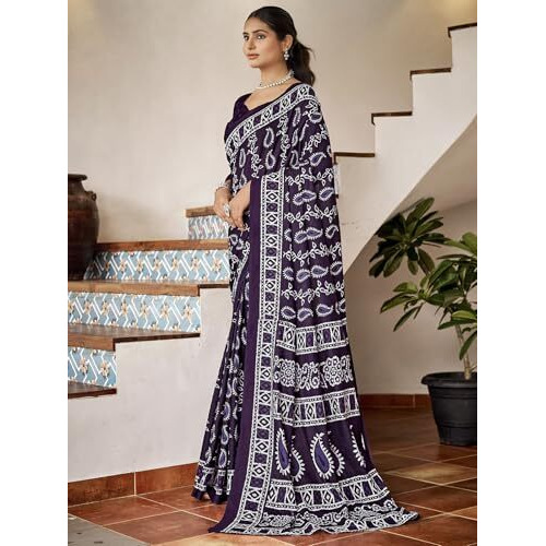 Satrani Women's Pure Cotton Printed Saree With Unstitched Blouse Piece (3856S116N_Deep Purple & White)