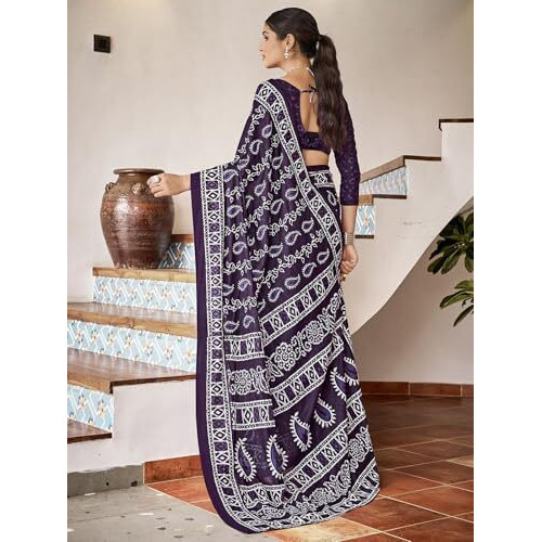 Satrani Women's Pure Cotton Printed Saree With Unstitched Blouse Piece (3856S116N_Deep Purple & White)