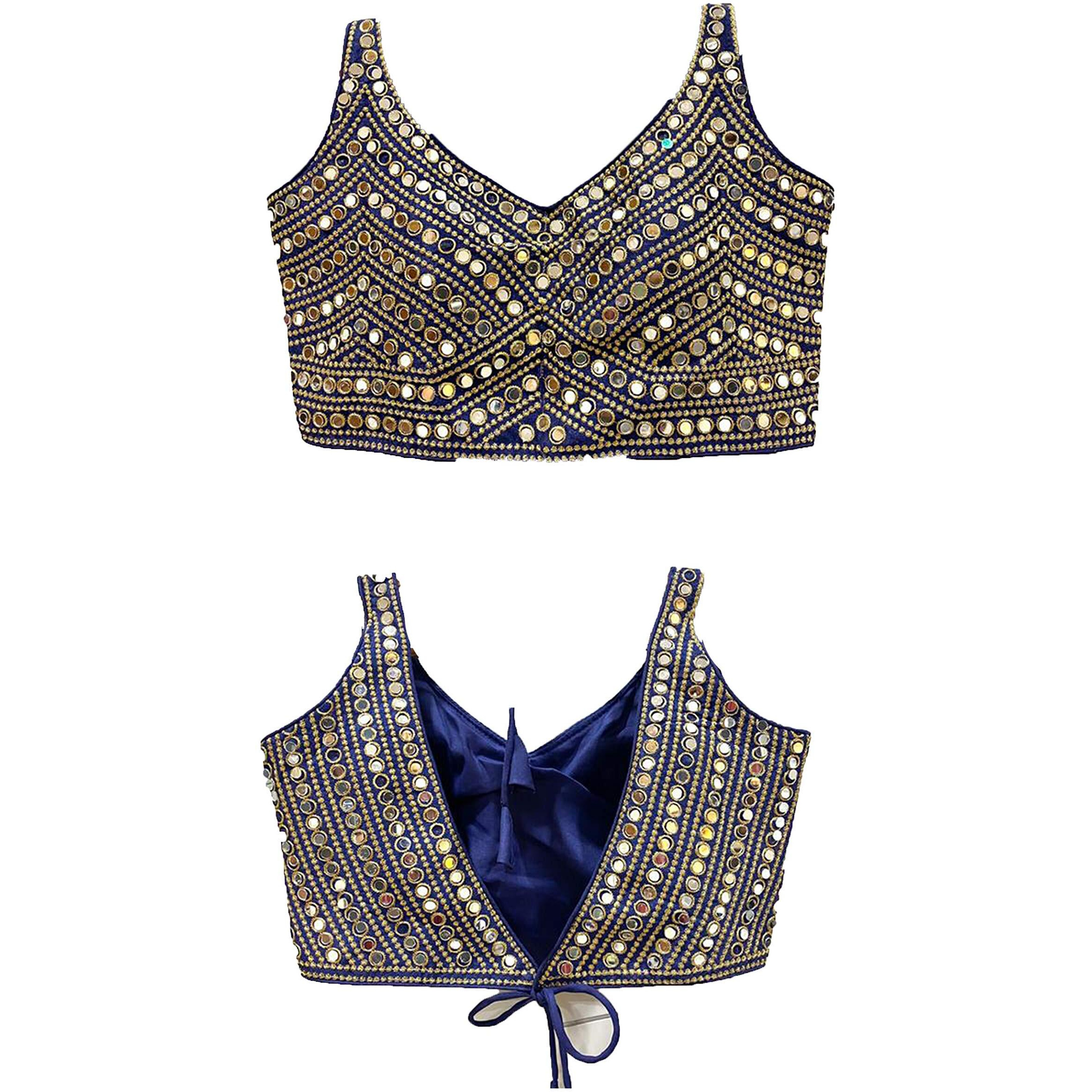 Vihu Fashion Women's Phantom Silk Embroidery Real Mirror Work Sleeveless Saree Readymade Blouse (V -Mirror Blouse_Navy Blue_38 Size)