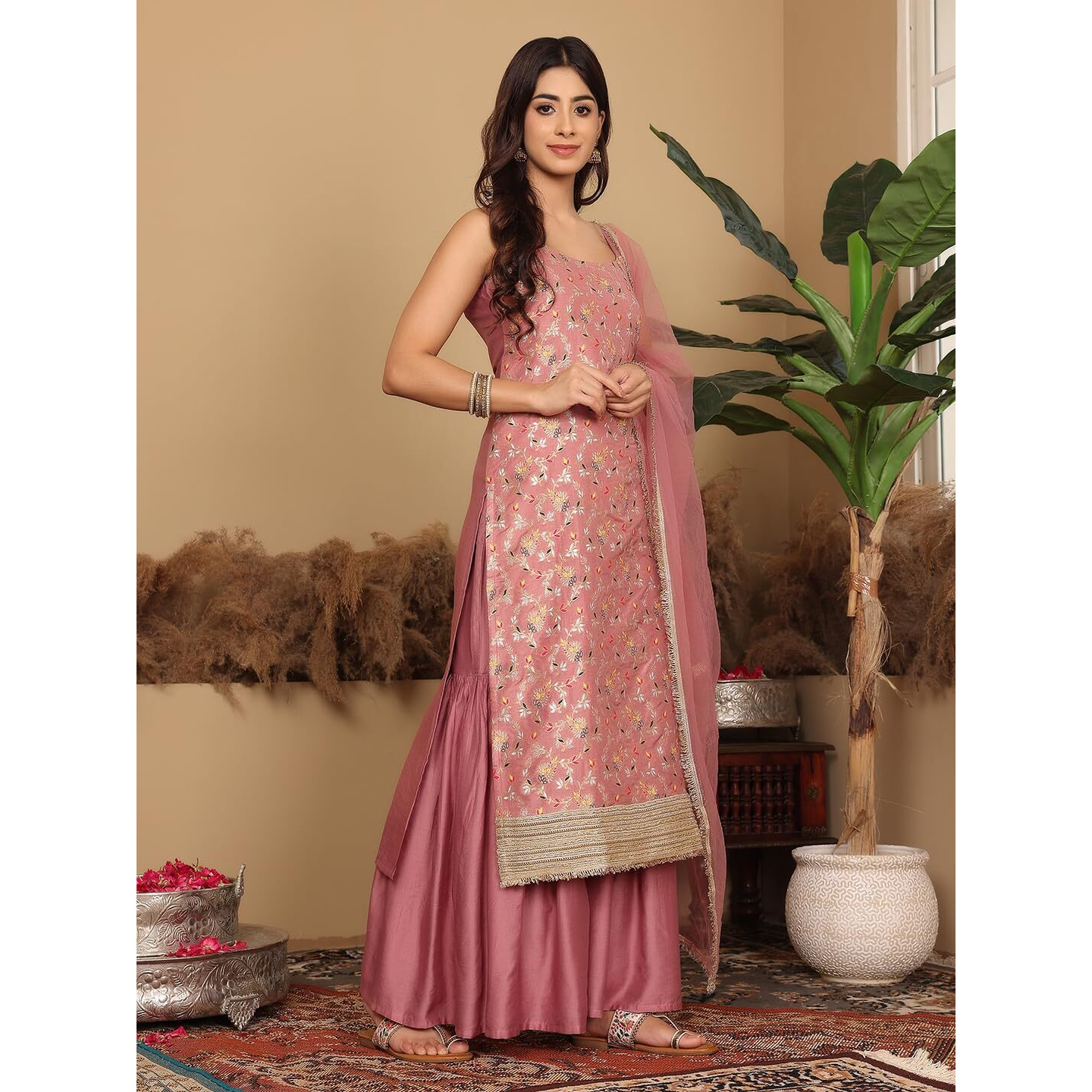 Varanga Women Pink Brocade Strap Sleeves Kurta With Sharara And Dupatta  Elegant Traditional Ensemble (Extra Large)