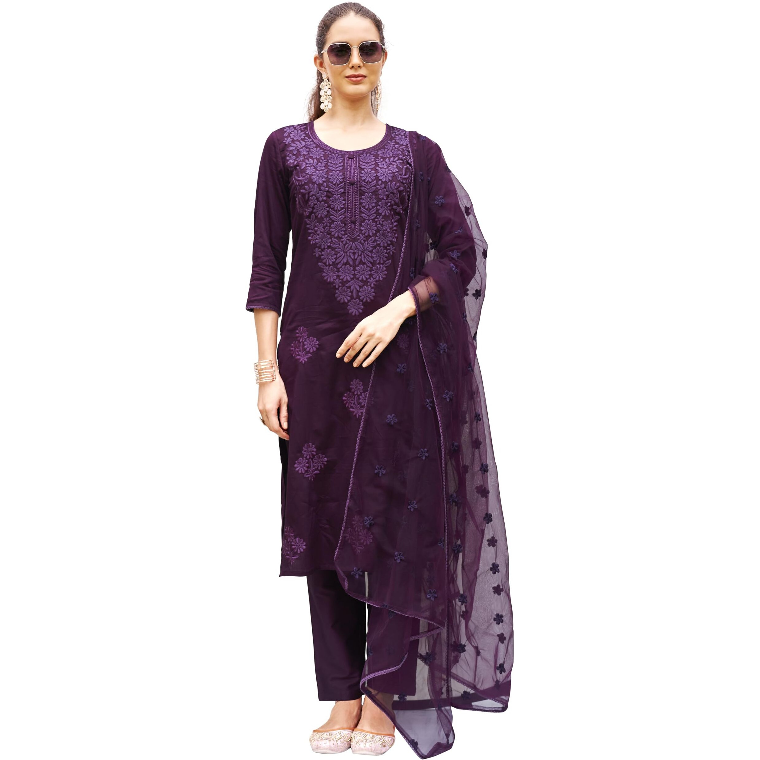 Womanista Women's Wine Silk Blend Tonal Thread Straight Cut Kurta With Pant And Dupatta (Kurtaset_1311_Xxl)
