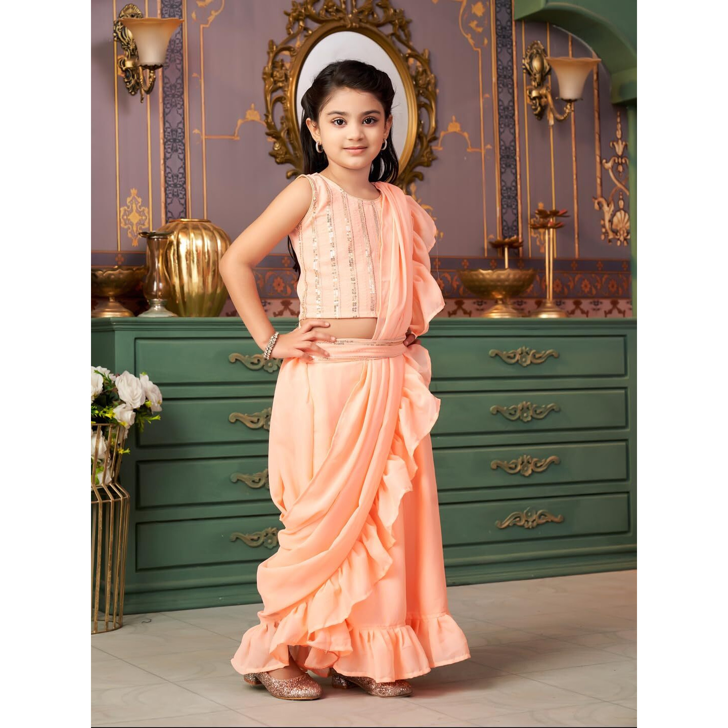 Aarika Girls Ethnic Wear Peach Colour Sequin Embroidery Georgette Lehenga Choli Set With Attached Dupatta-4-13 Years (Lch-Shm-5018)