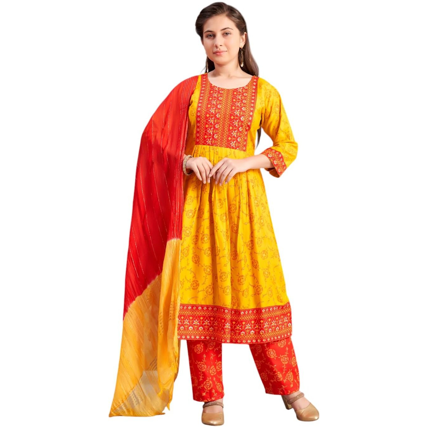 Aarika Girls Ethnic Wear Yellow-Red Colour Foil Print Rayon Kurti-8-15 Years (Kurti-Ap-804)