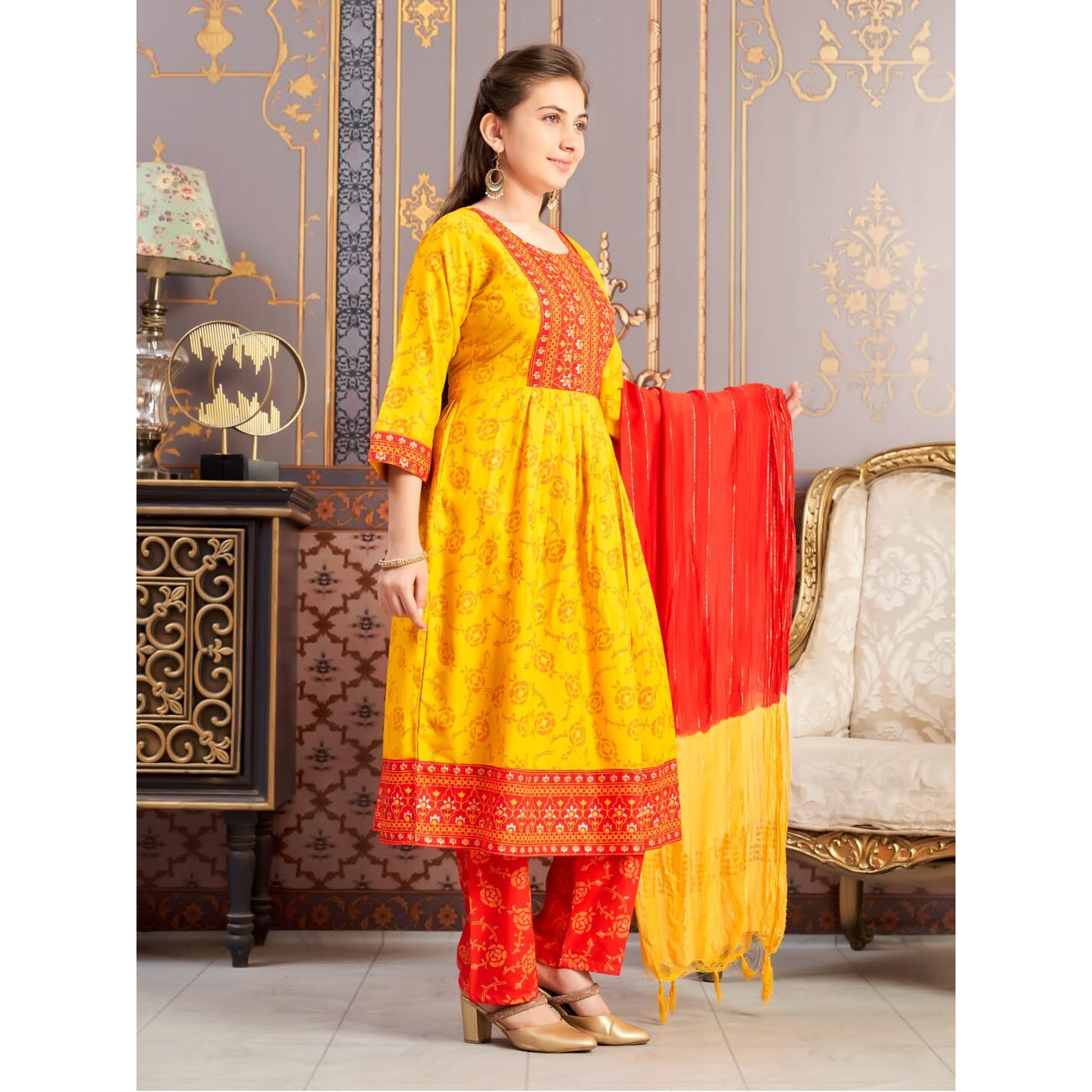 Aarika Girls Ethnic Wear Yellow-Red Colour Foil Print Rayon Kurti-8-15 Years (Kurti-Ap-804)
