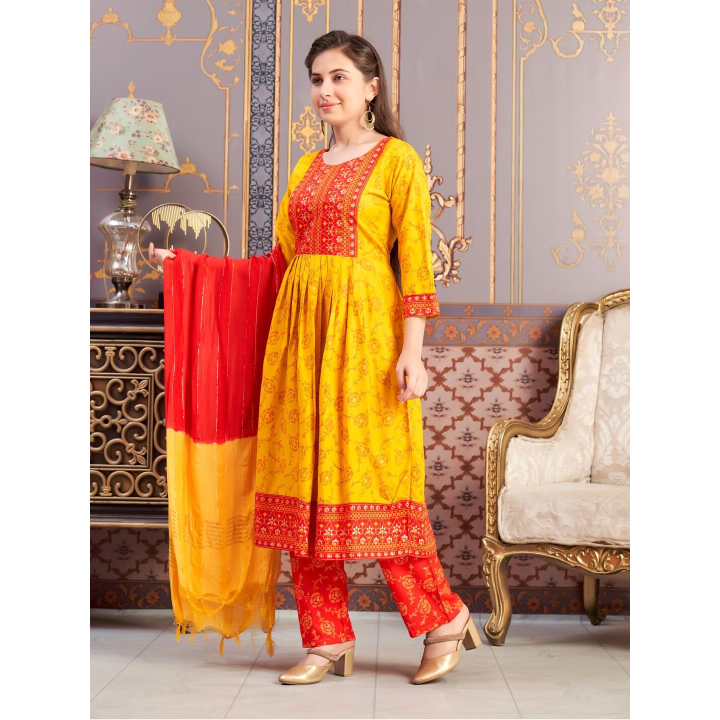 Aarika Girls Ethnic Wear Yellow-Red Colour Foil Print Rayon Kurti-8-15 Years (Kurti-Ap-804)