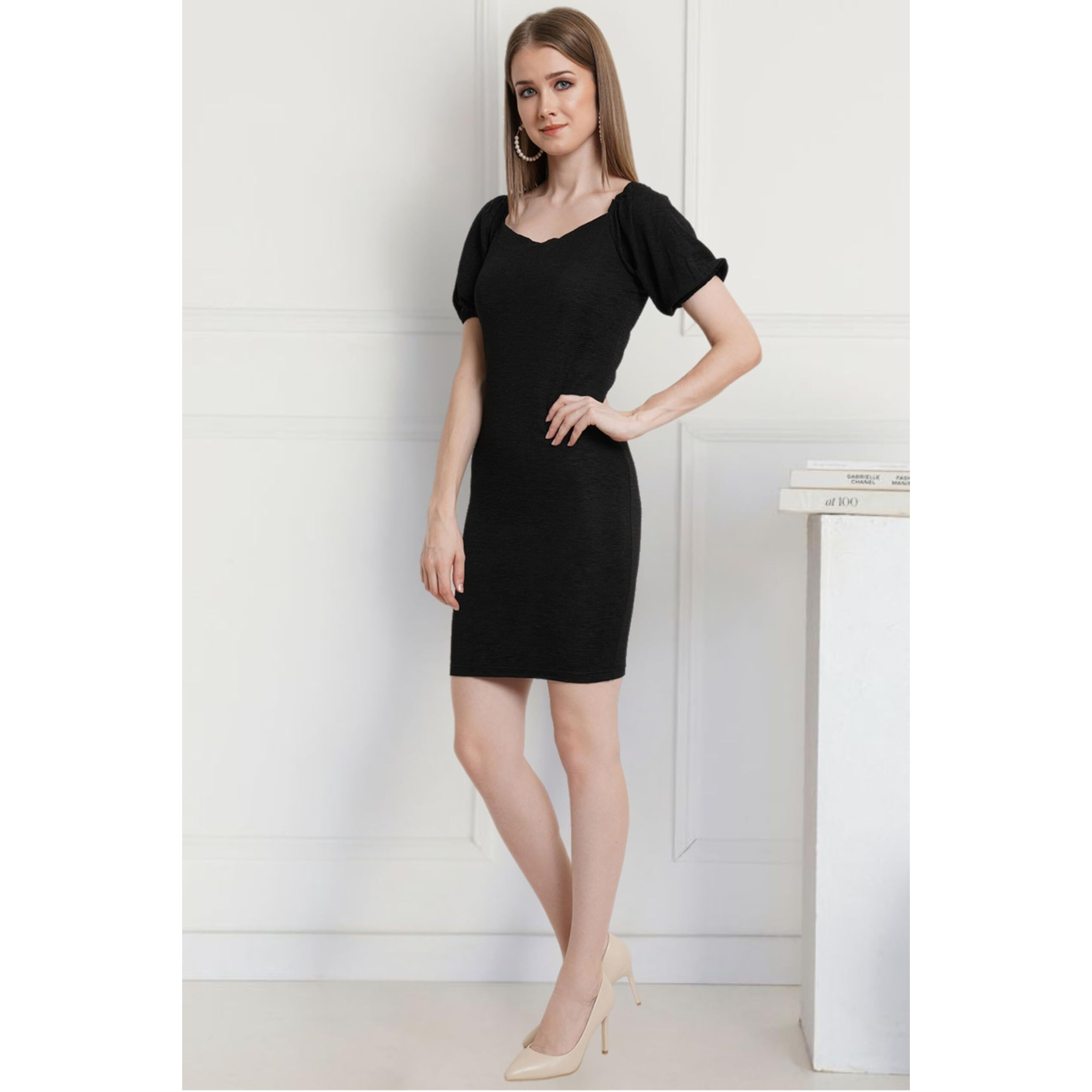 Popwings Casual Bocycon Designer Dress For Women Black