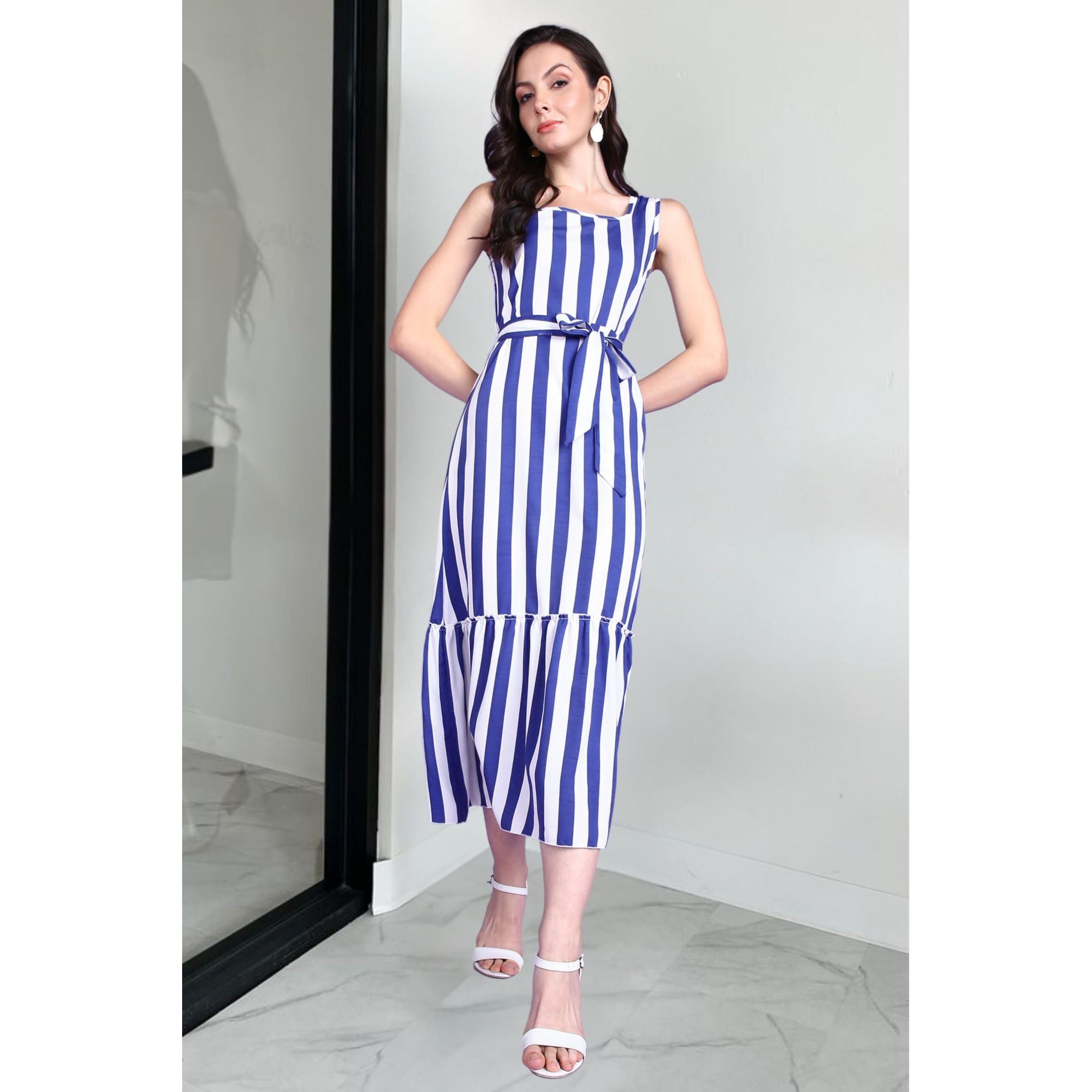 Popwings Women Casual Blue & White Stripe Long Belt Dress Dress | Stylish Dress | Trendy Dress