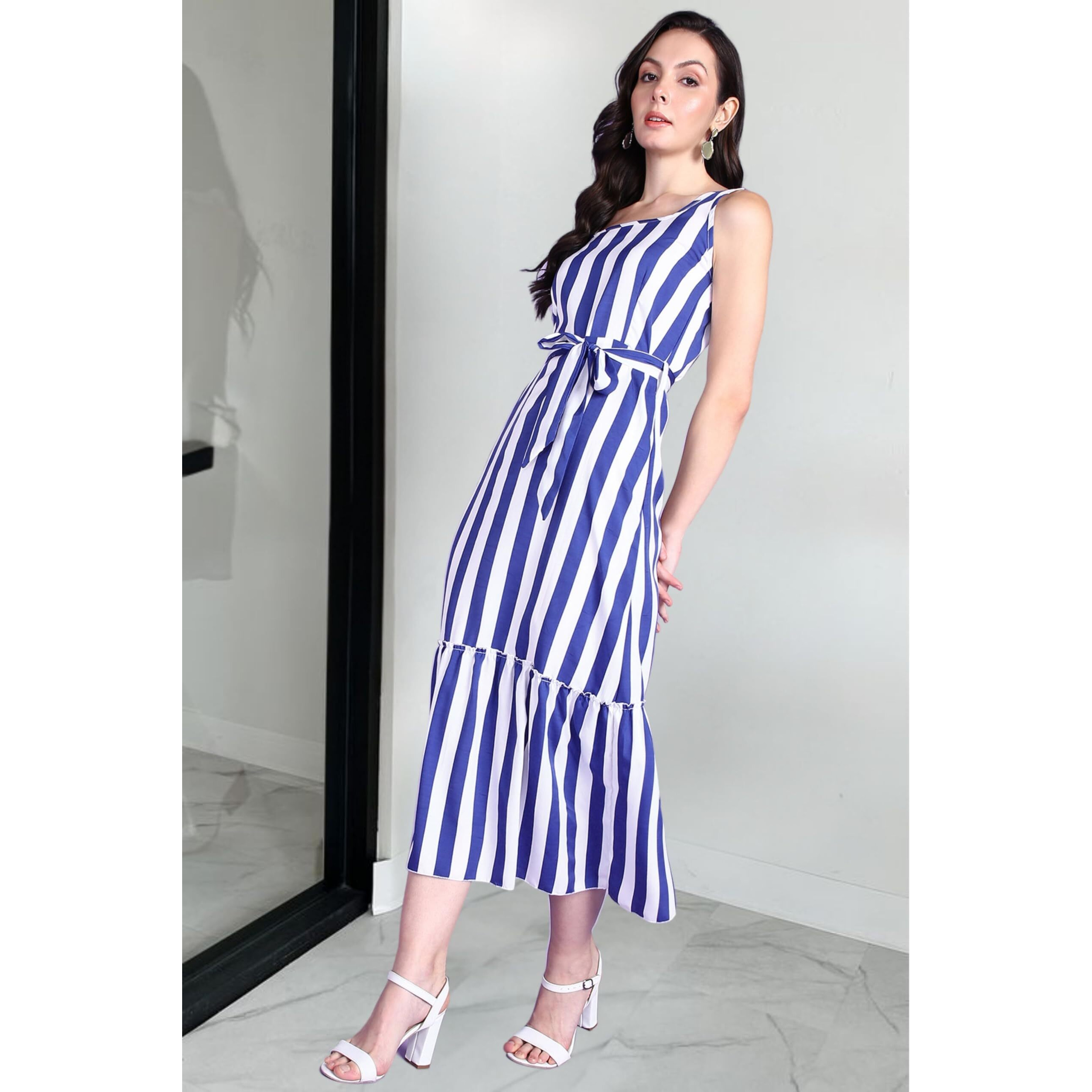 Popwings Women Casual Blue & White Stripe Long Belt Dress Dress | Stylish Dress | Trendy Dress