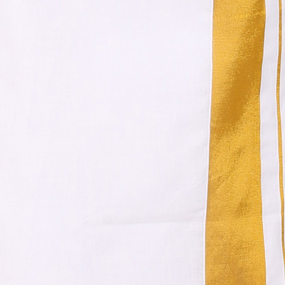Prakasam Cotton Solid White Double Layer Dhoti With Golden Jari Border Dhoti For Mens (1.26 X 3.60 Meter) 2 Inch Jari Border (8 Mulam)