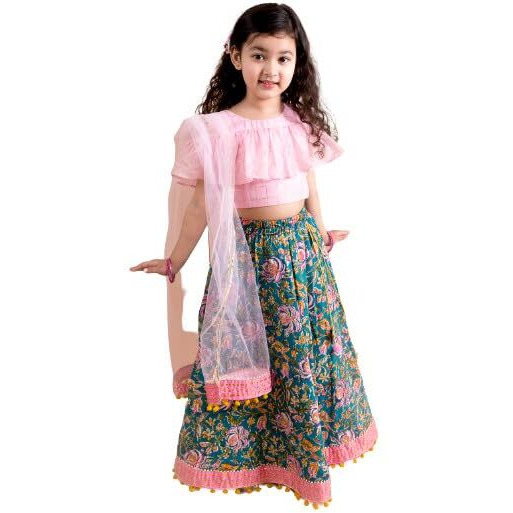 Pspeaches Girl's Blue Pink Cotton Readymade Lehenga Choli Set (Blue-8-10Y)