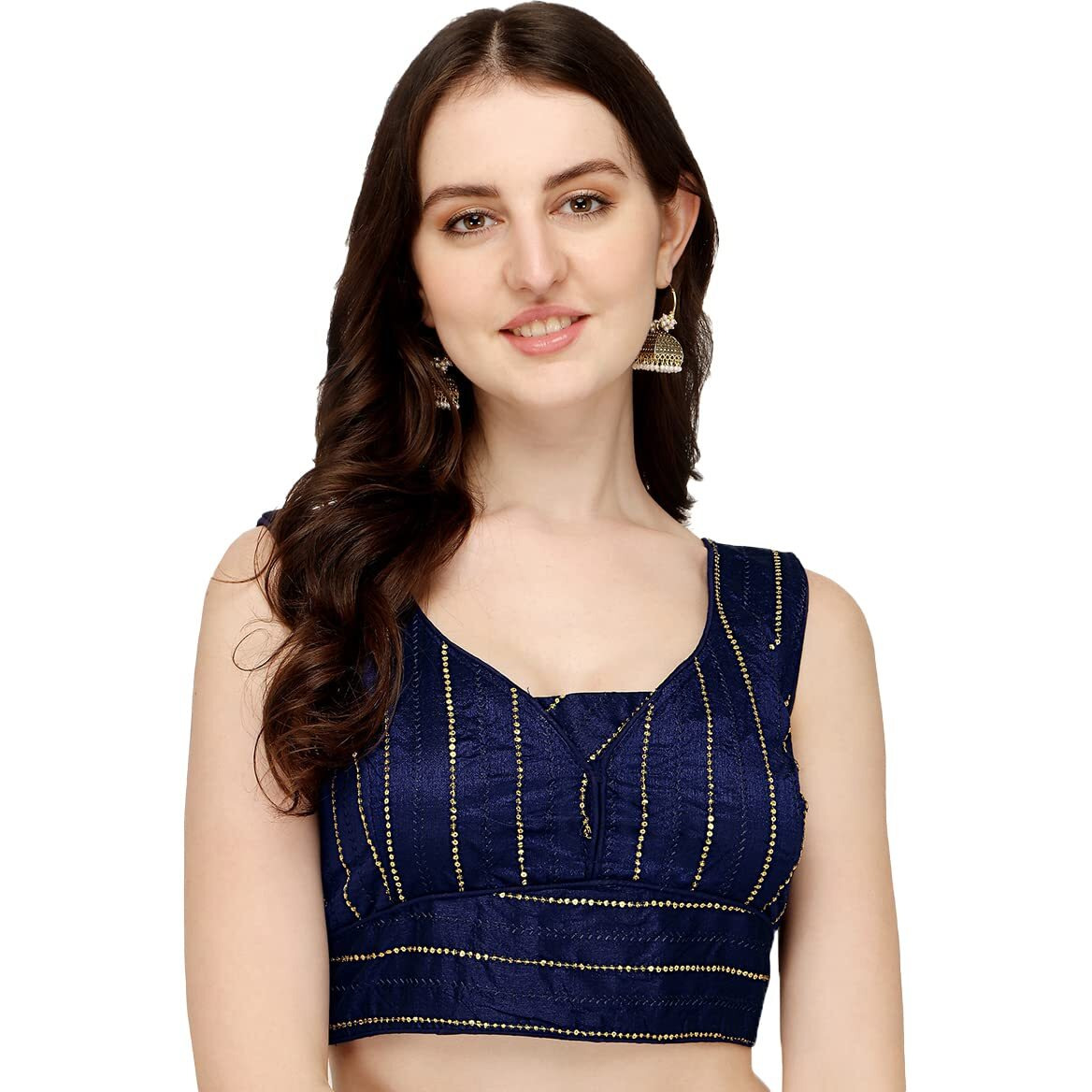 Pujia Mills Women's Silk Sequin Work Blouse (Batik Sequin Blouse_Navy Blue_38)