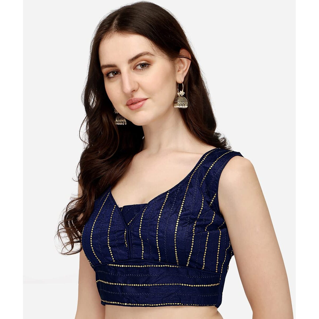 Pujia Mills Women's Silk Sequin Work Blouse (Batik Sequin Blouse_Navy Blue_38)