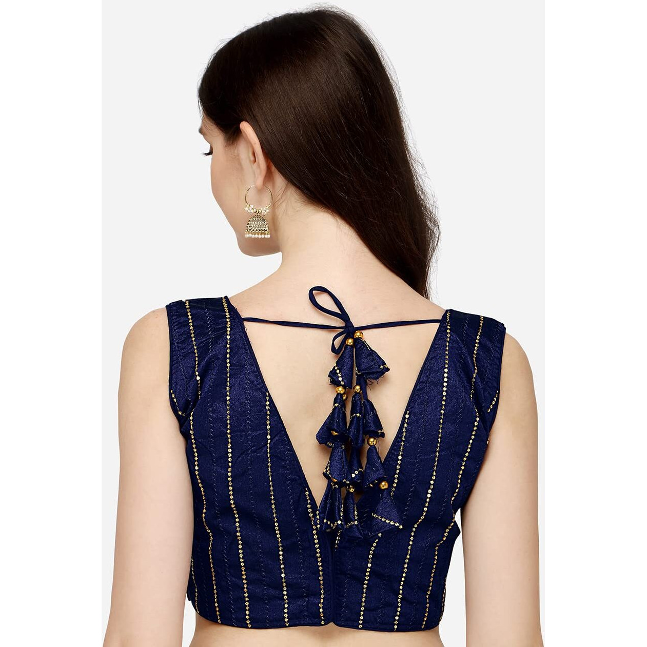 Pujia Mills Women's Silk Sequin Work Blouse (Batik Sequin Blouse_Navy Blue_38)