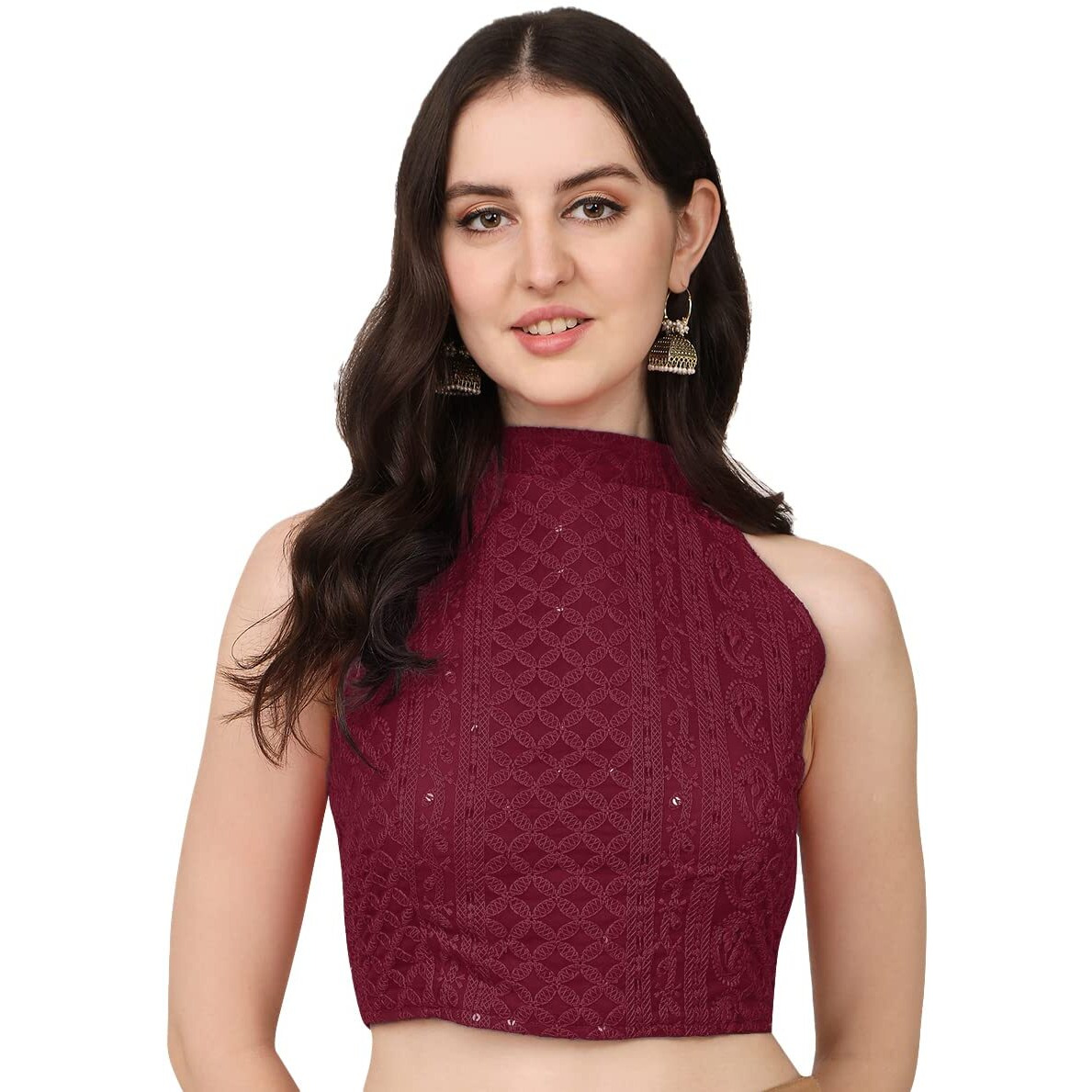 Pujia Mills Women's Halter Neck Chickenkari Work Readymade Saree Blouse (Halter Neck_Maroon_38)