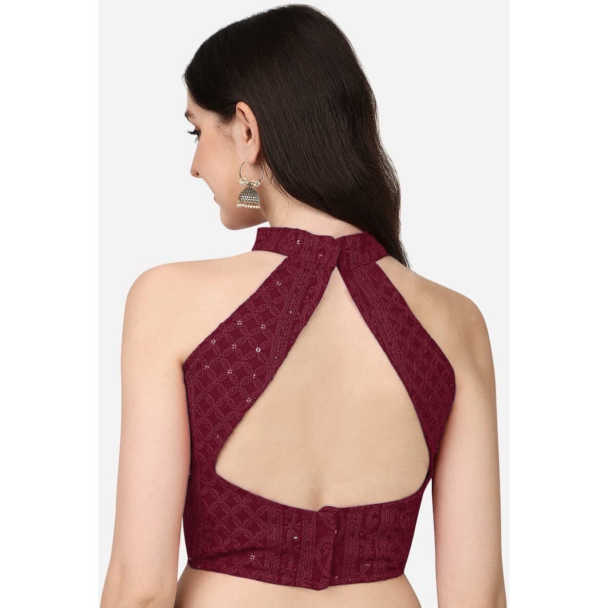 Pujia Mills Women's Halter Neck Chickenkari Work Readymade Saree Blouse (Halter Neck_Maroon_38)