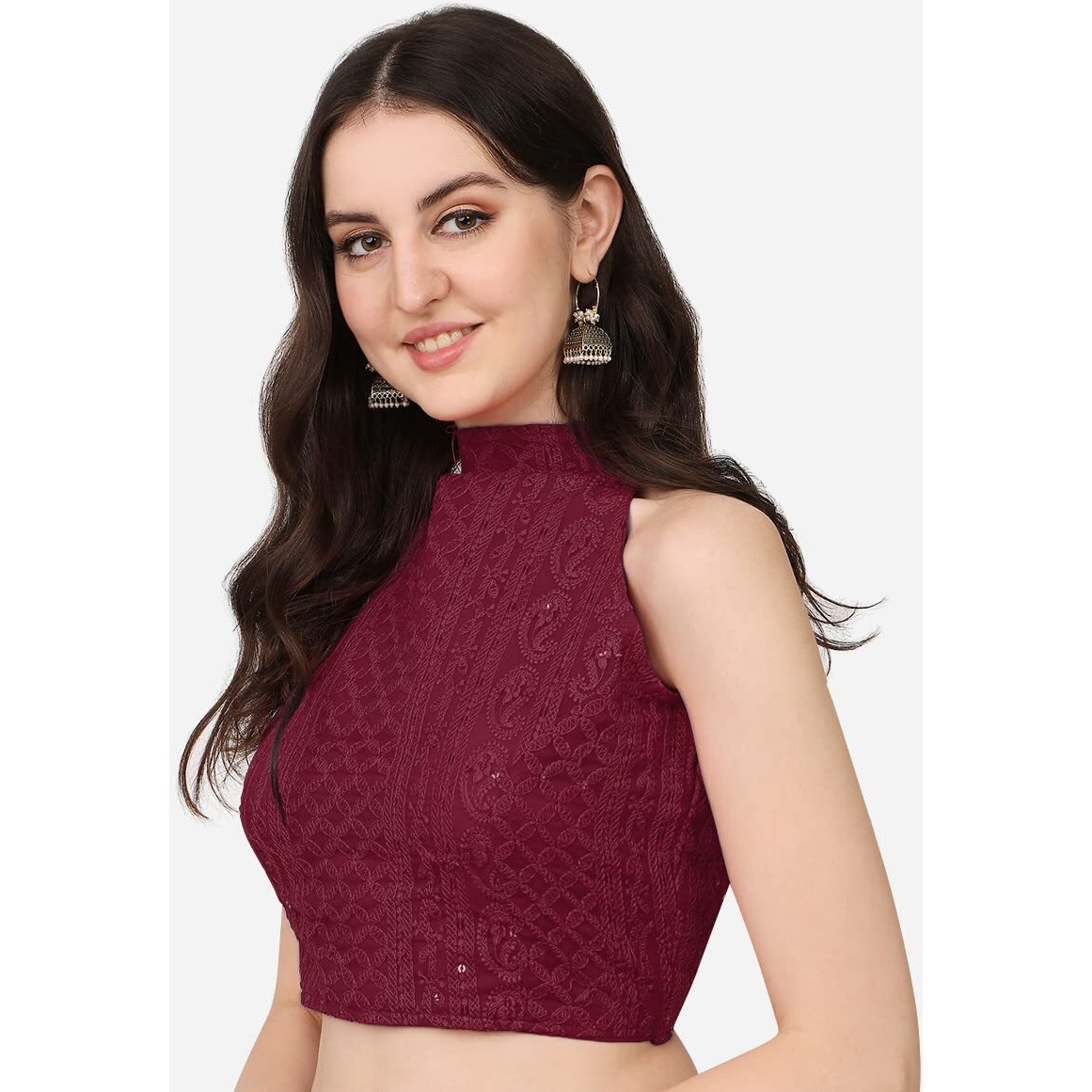 Pujia Mills Women's Halter Neck Chickenkari Work Readymade Saree Blouse (Halter Neck_Maroon_38)