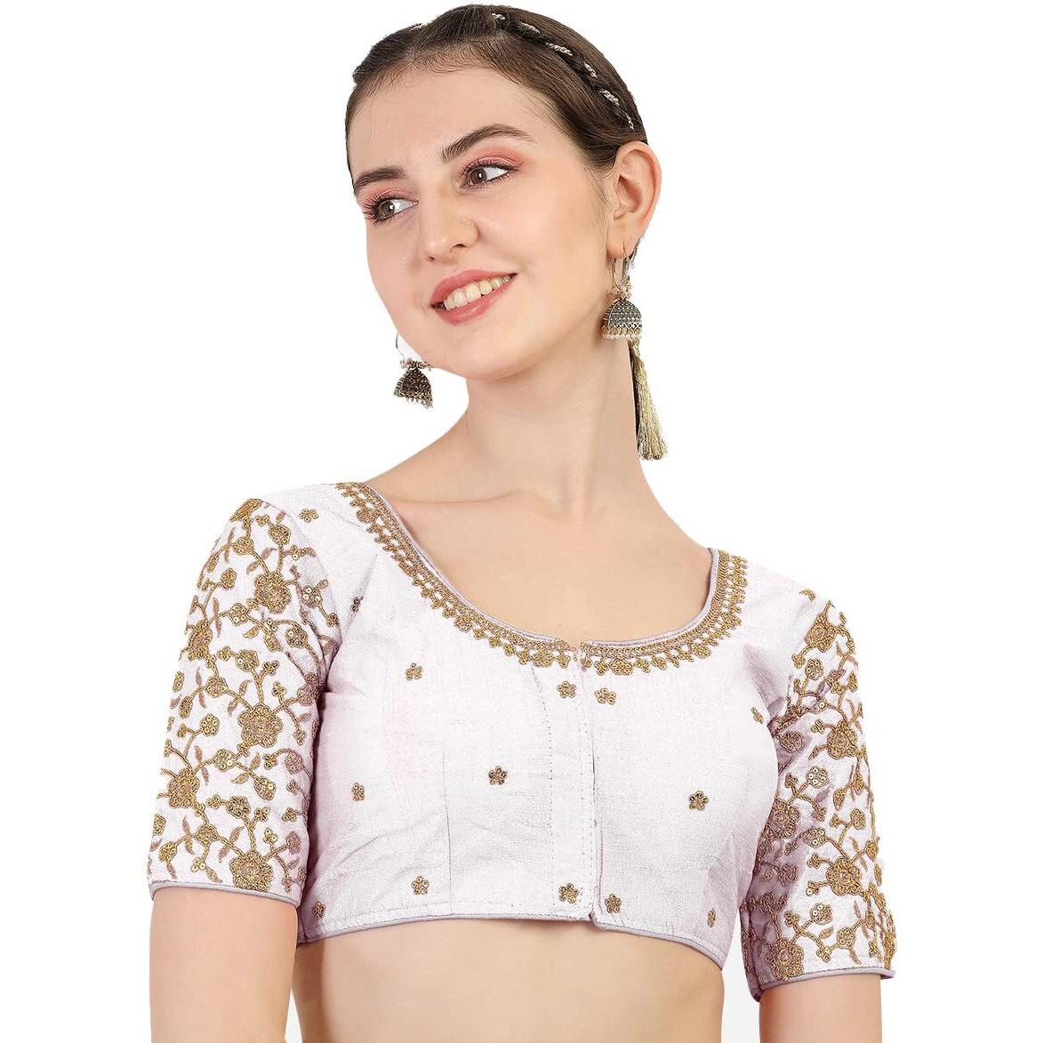 Pujia Mills Women's Embroidery Handwork & Work Flower Design Readymade Blouse (36, White)