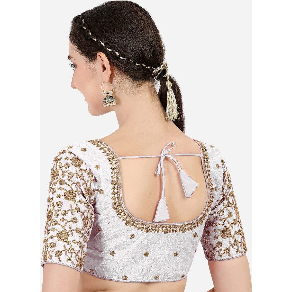 Pujia Mills Women's Embroidery Handwork & Work Flower Design Readymade Blouse (36, White)