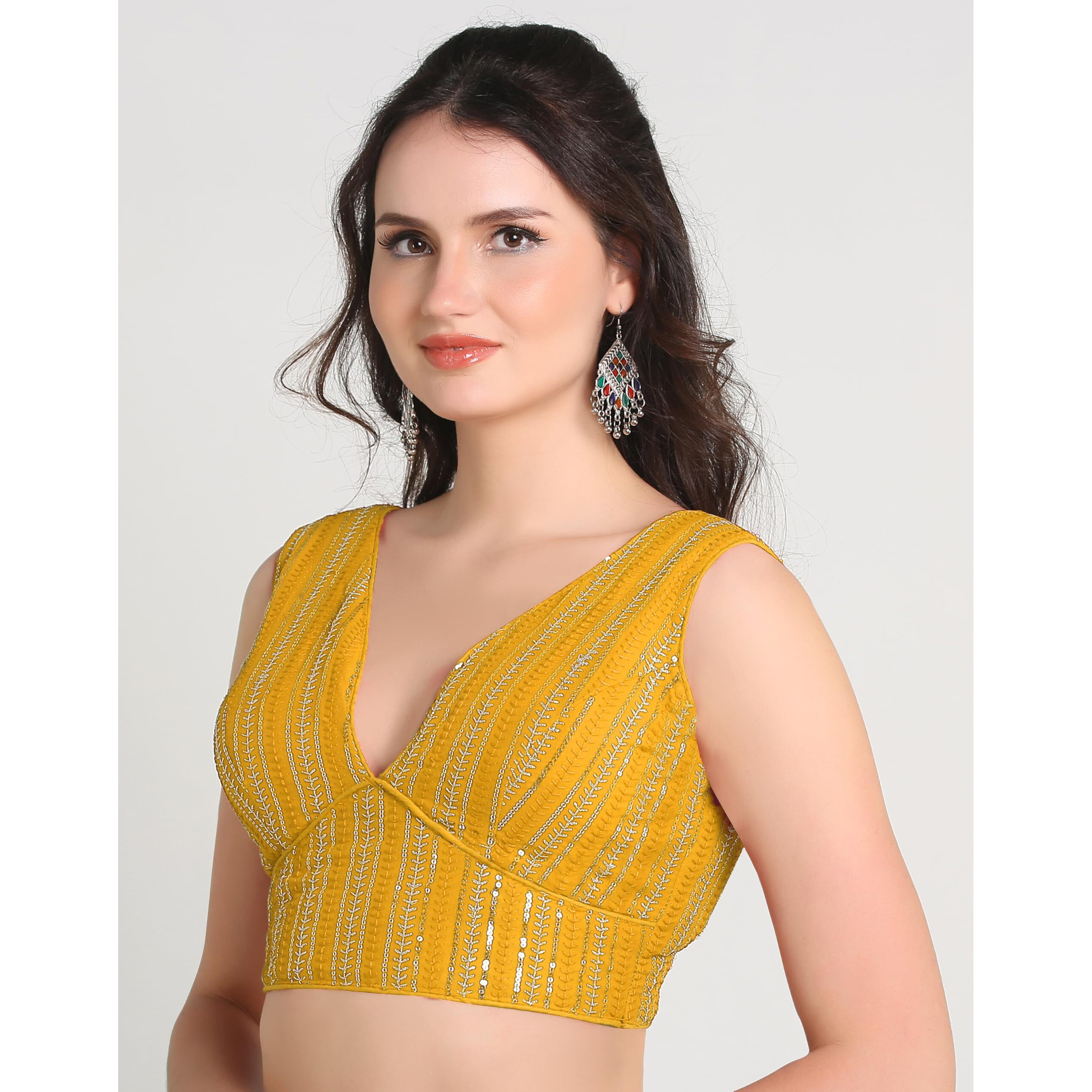 Pujia Mills Women's Indian Ethnic Wear Sabyasachi Sequence With Dhaga Embroidered Zari Work Sweetheart Neck Blouse Sleeveless Readymade Padded Saree Back Open String Pattern Blouse