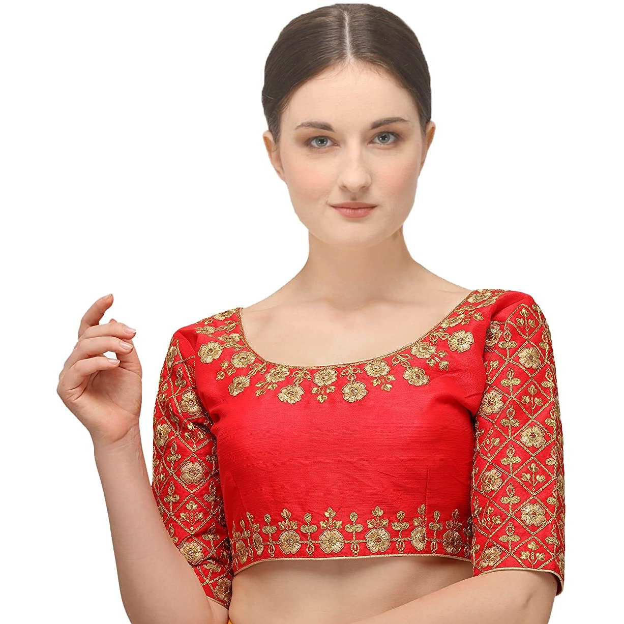 Pujia Mills Embroiderd Work Phantom Silk Readymade Blouse Red