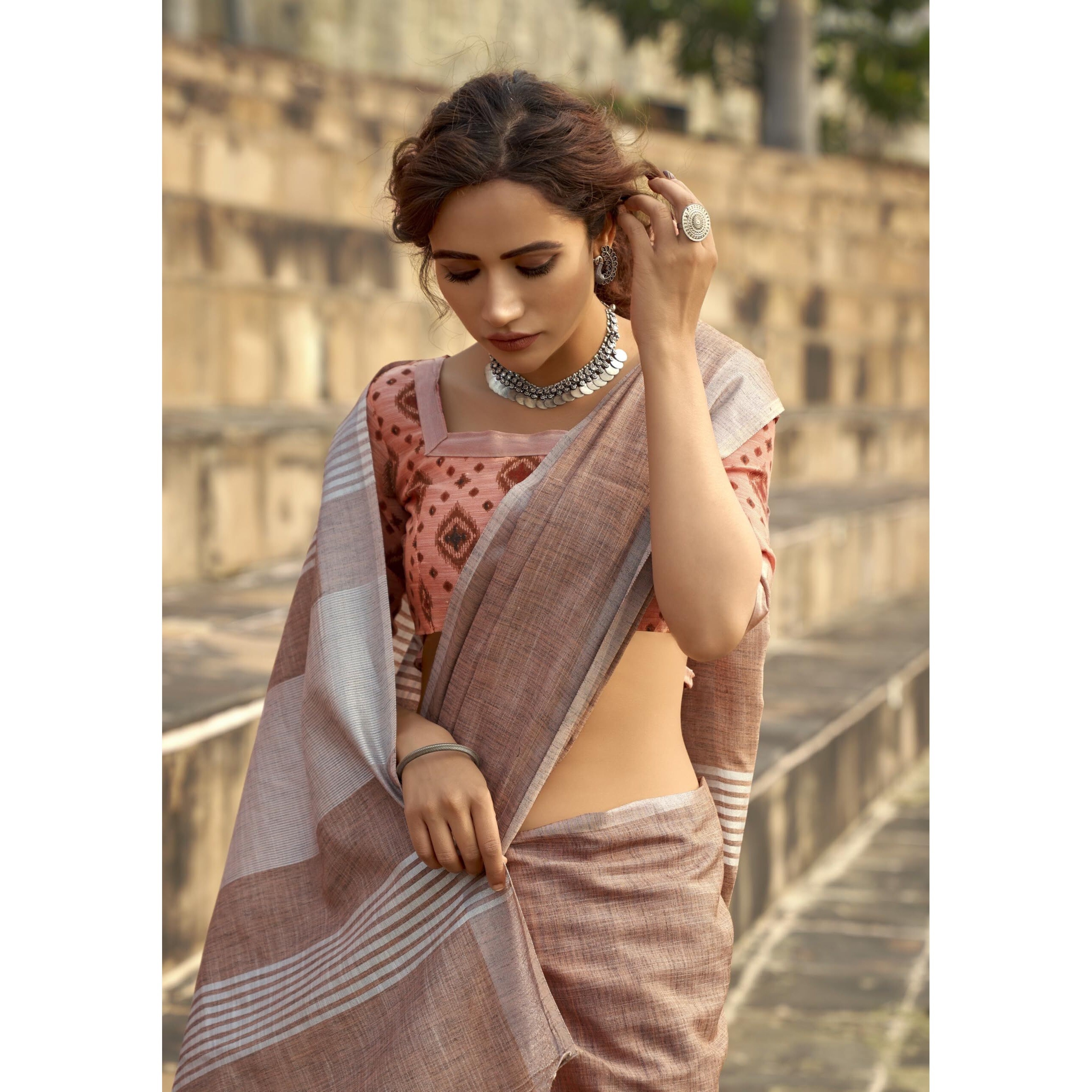 Pujia Mills Woman Soft Linen Saree With Zari Woven Design Cotton Saree Zari Border Saree Indian Ethnic Wear Saree Cotton Saree Casual Light Brown Linen Saree Border Work Saree Plain Professional Saree