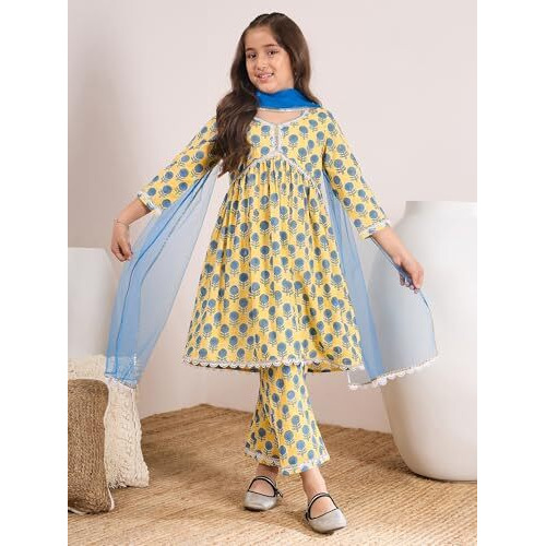Pspeaches Girl's Cotton Regular 1 Kurta, 1 Pant (Ks-Bluesunflower-8-10Y_Yellow