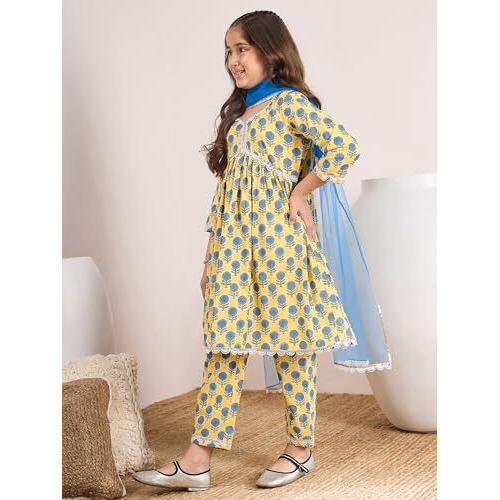 Pspeaches Girl's Cotton Regular 1 Kurta, 1 Pant (Ks-Bluesunflower-8-10Y_Yellow