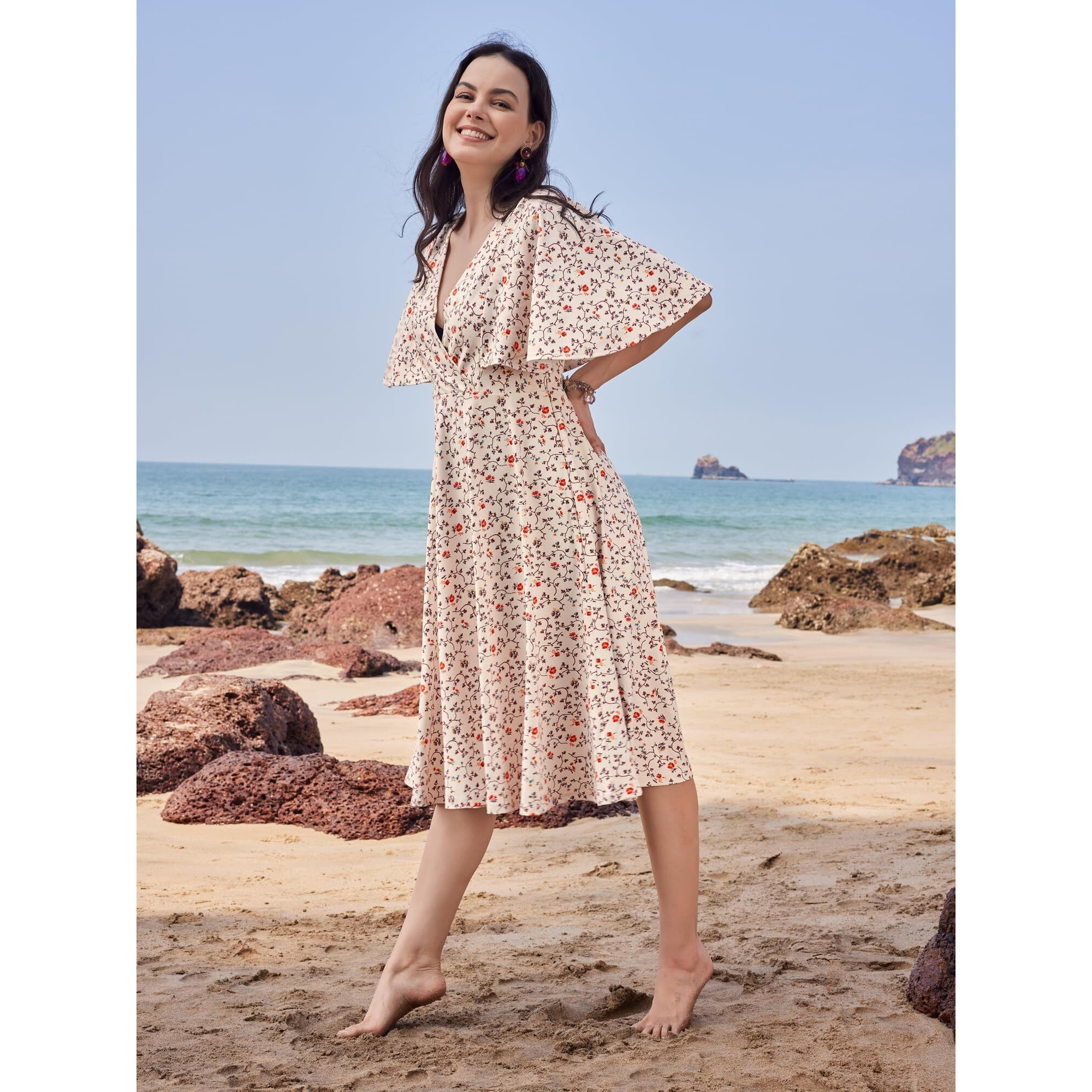 Purvaja Womens Fit & Flare Knee Length Dress (Wini-004-Renny_Beige_Small)