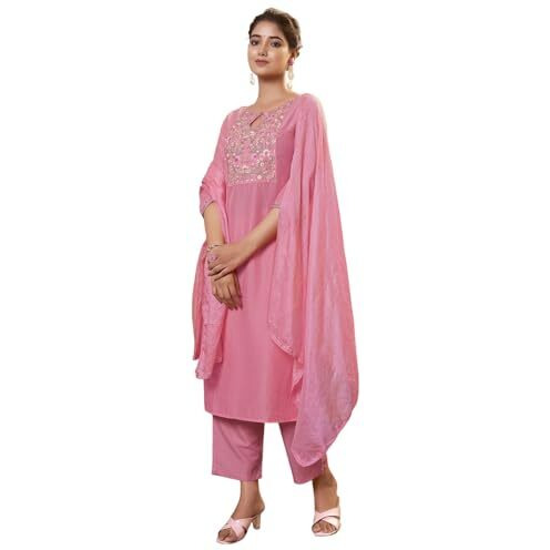 Sanisa Women's Chinnon Embroidery Straight Kurta With Pant And Dupatta Set (180Kbd1923N-S_Pink)
